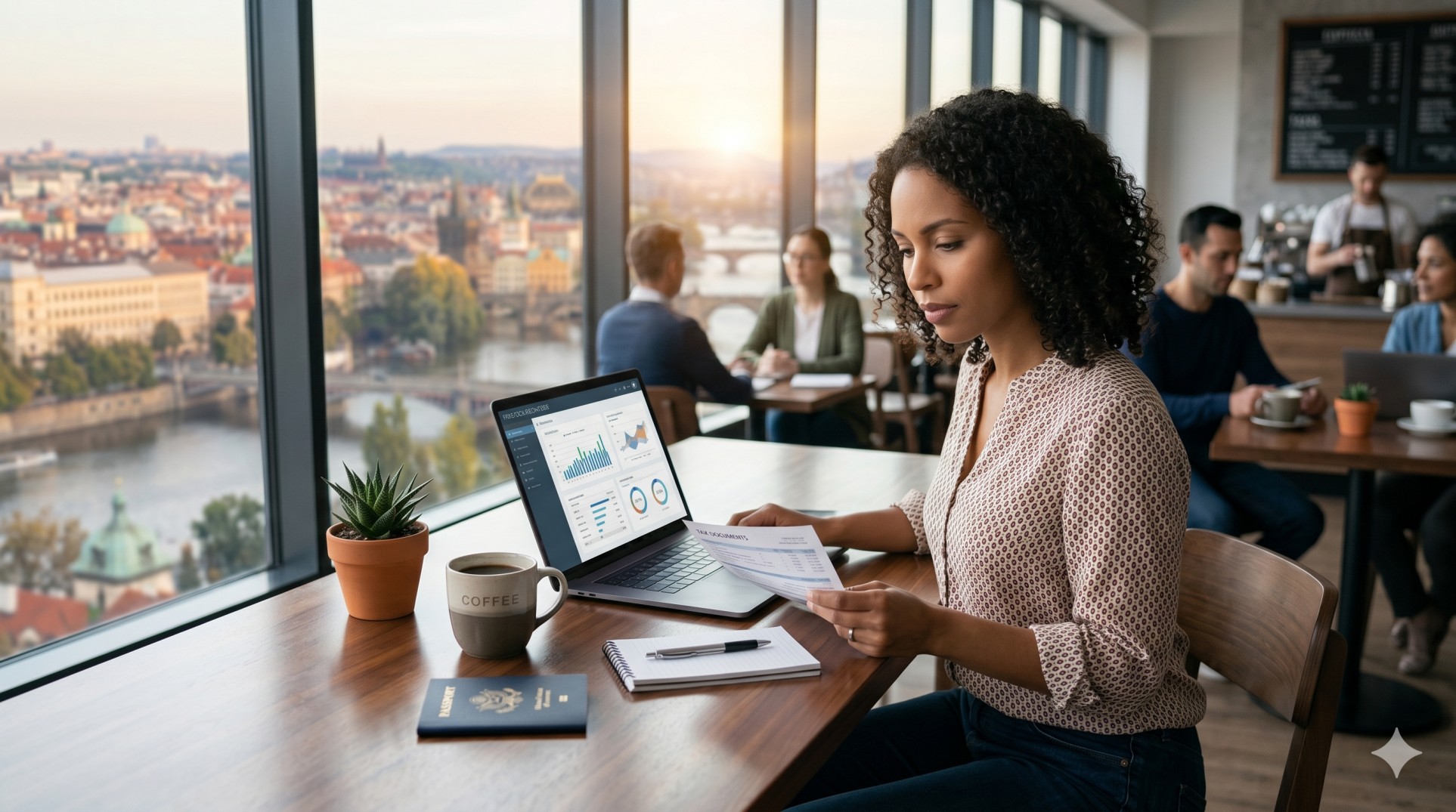   A digital nomad preparing their US expat tax extension on a laptop. 