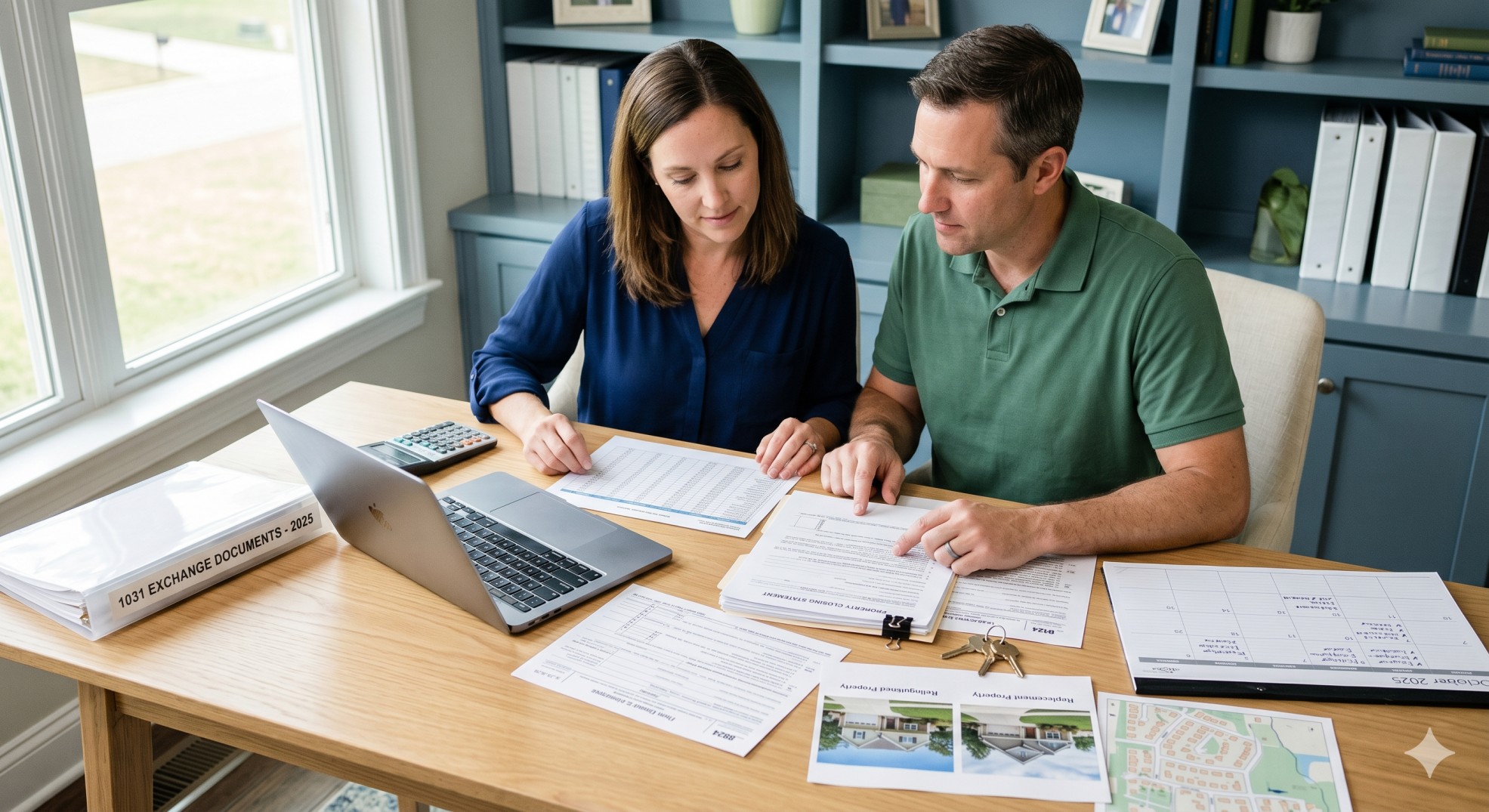   Taxpayer reviewing real estate sale documents, calculator, and 1031 exchange paperwork for tax reporting. 