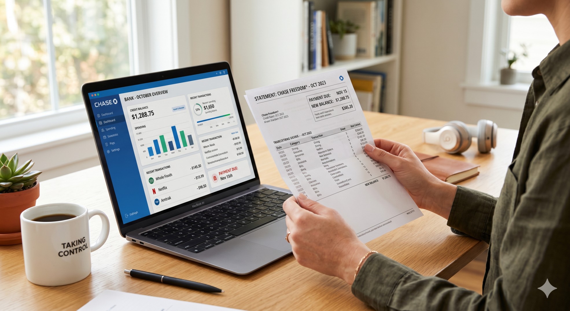   Person reviewing a credit card statement on a desk, preparing to dispute a charge. 