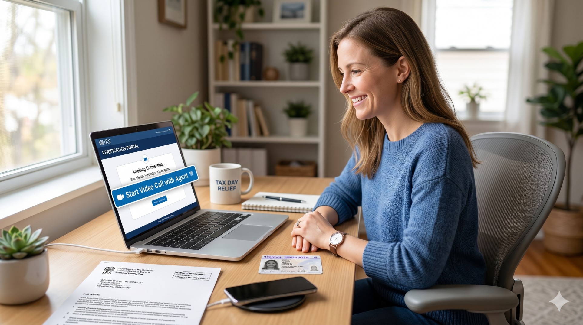   Taxpayer using a laptop and phone to reach an ID.me video chat agent for IRS identity verification after encountering selfie verification problems. 