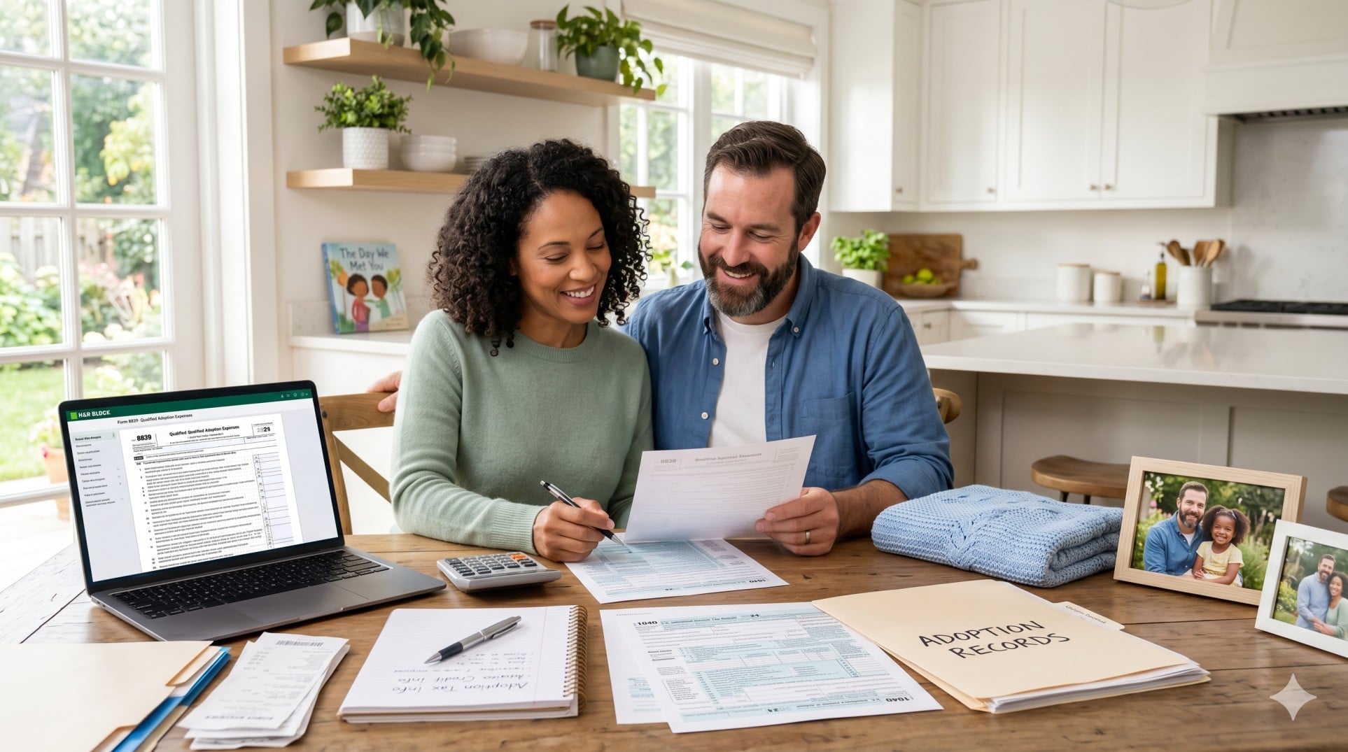   Adoptive parents review adoption tax credit paperwork, a calculator, and Form 8839 at a home desk. 