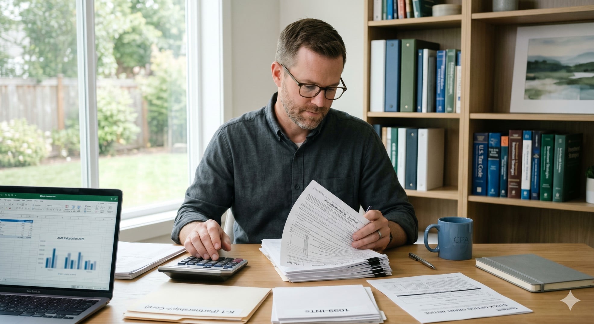   High-income taxpayer reviewing AMT 2026 forms, stock option paperwork, and a calculator at a home office desk. 
