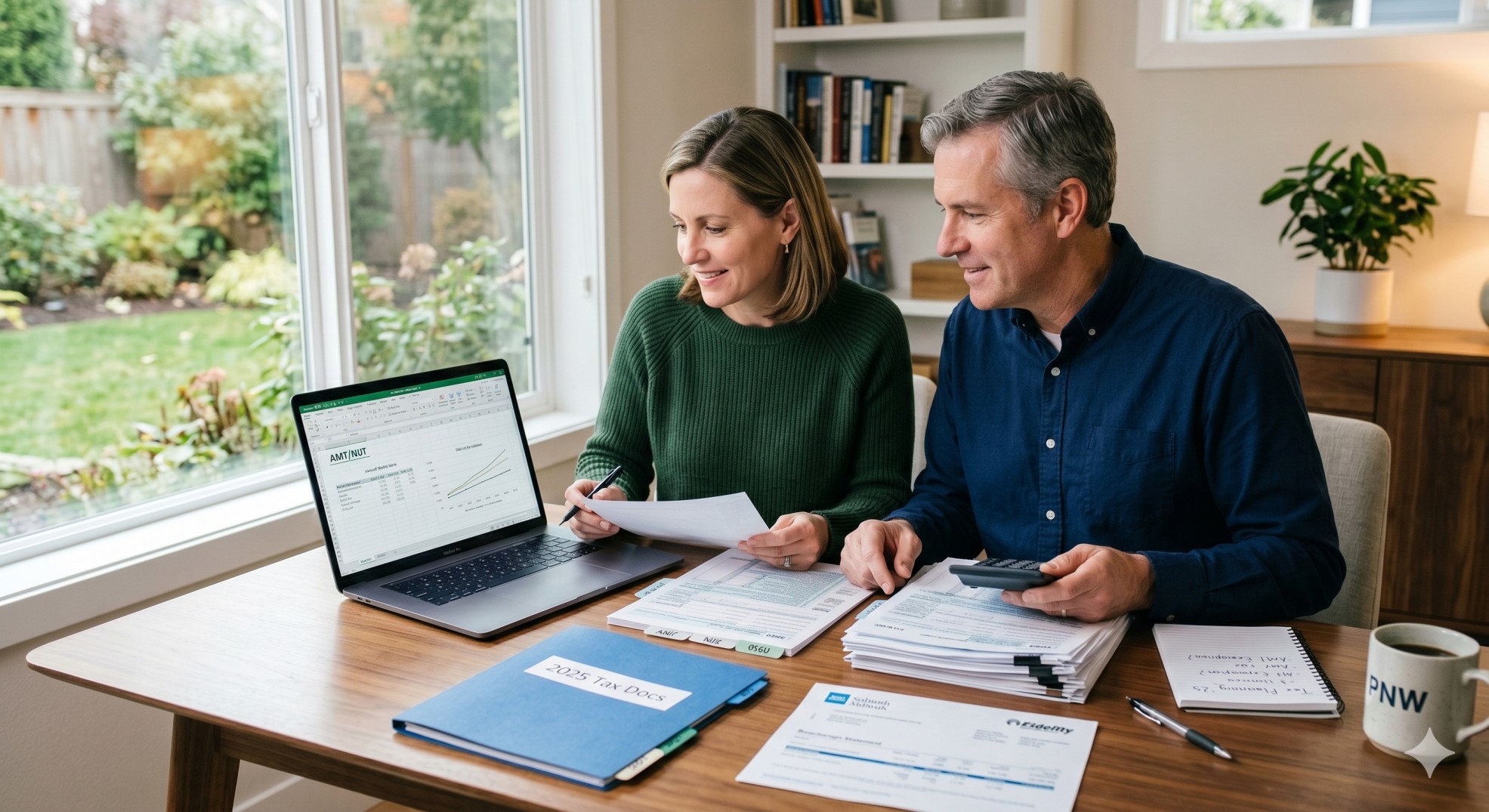   U.S. couple reviewing 2025 tax documents with a laptop and calculator for an AMT and NIIT tax guide. 