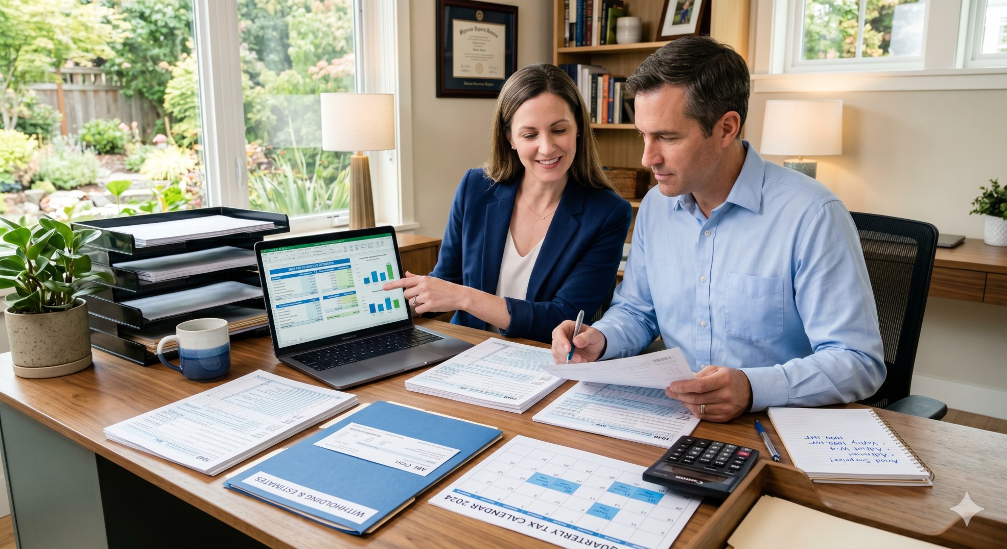   U.S. taxpayer reviewing tax documents, calculator, and laptop while planning to avoid a surprise balance due. 
