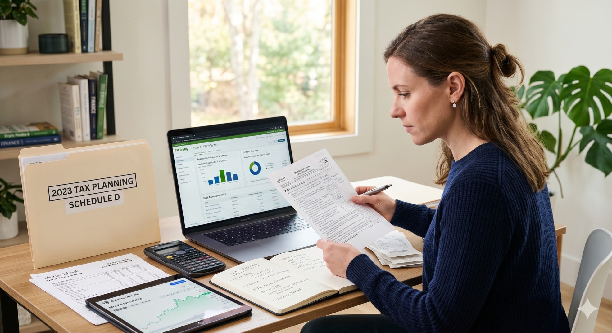   Investor reviewing capital gains tax 2026 paperwork, stock statements, crypto records, and a calculator at a desk. 