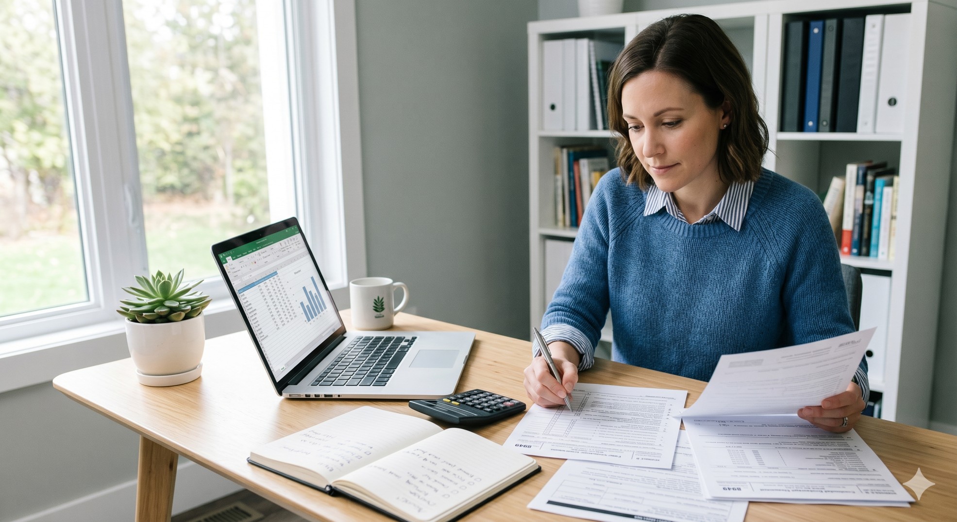  Taxpayer reviewing capital gains paperwork, Form 8949-style documents, a calculator, and a laptop at a home office desk. 