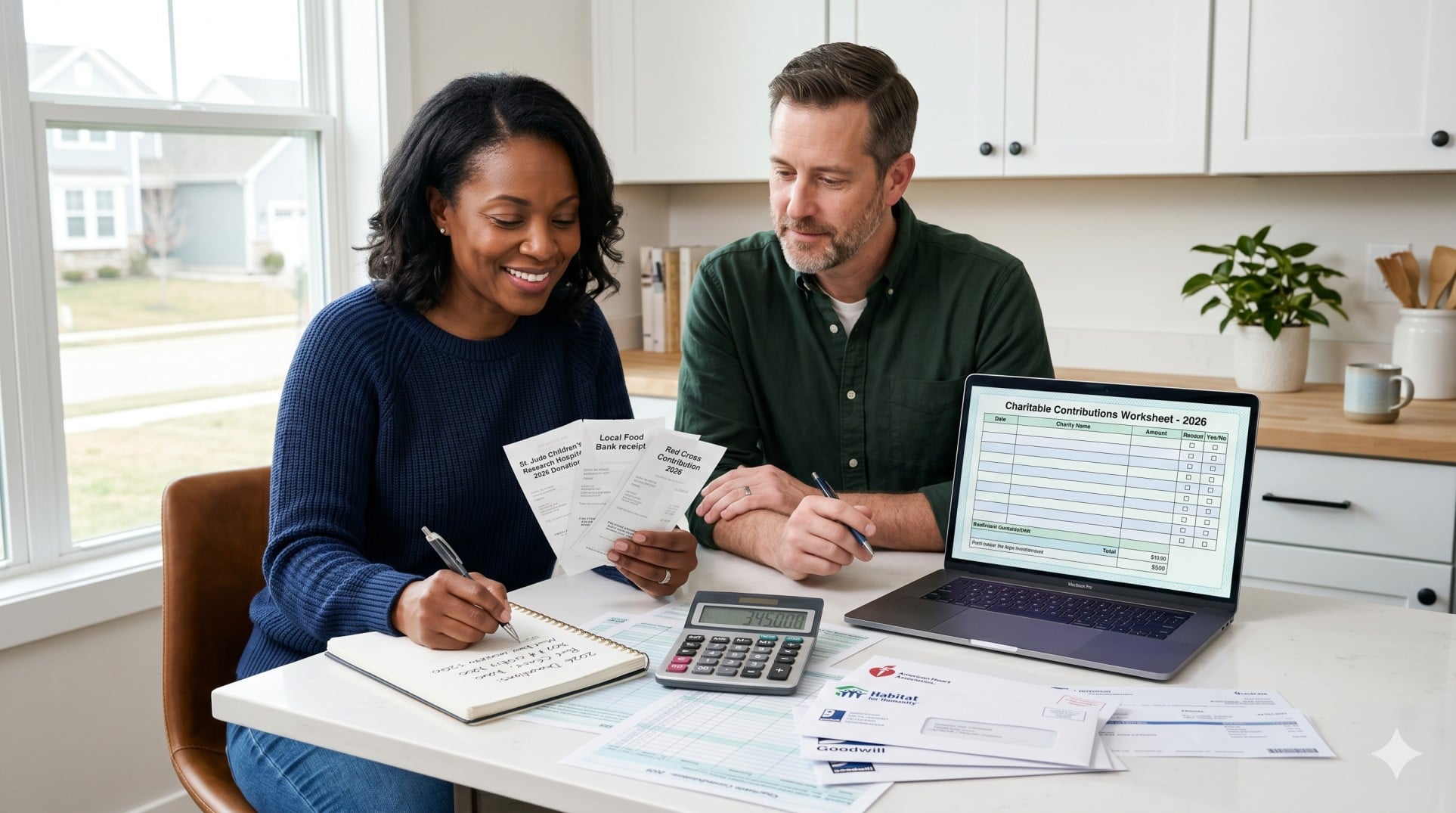   U.S. taxpayers reviewing charitable donation receipts, a calculator, and tax forms at a kitchen table for 2026 filing season. 