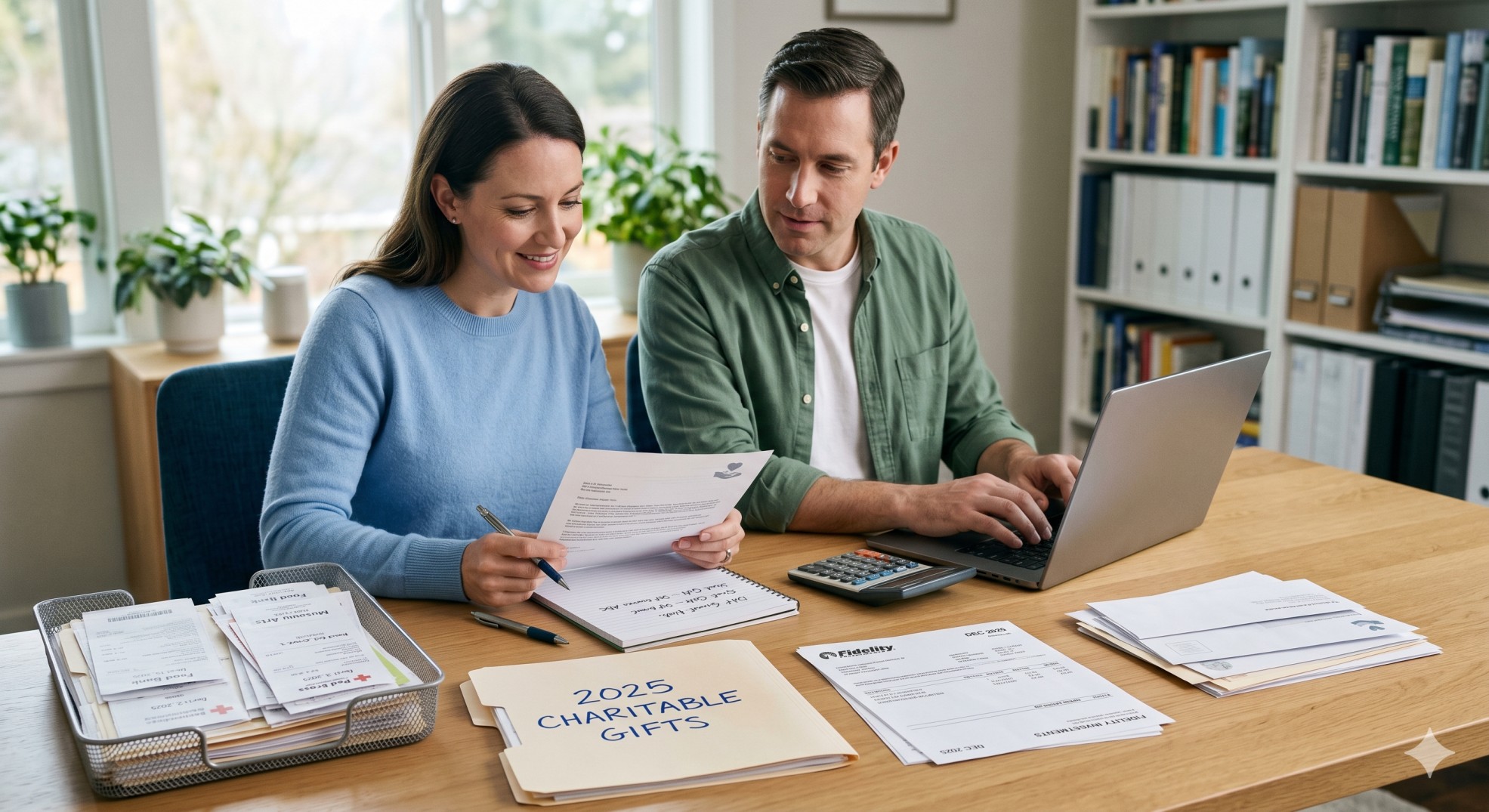   Taxpayer reviewing charitable donation tax deduction records, receipts, and a DAF acknowledgment at a home office desk. 