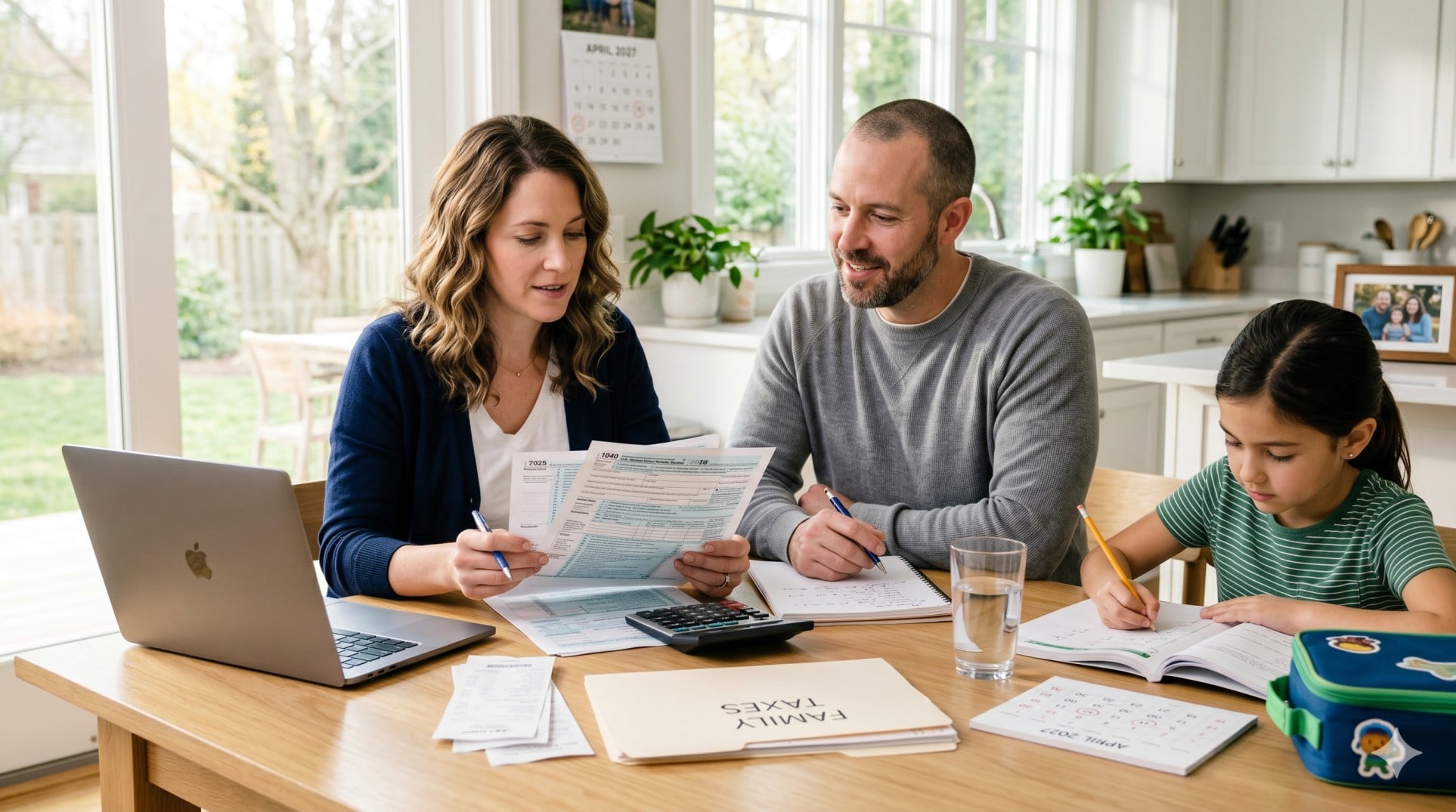   A U.S. family reviews 2026 child tax credit paperwork, a calculator, and Schedule 8812 at the kitchen table. 