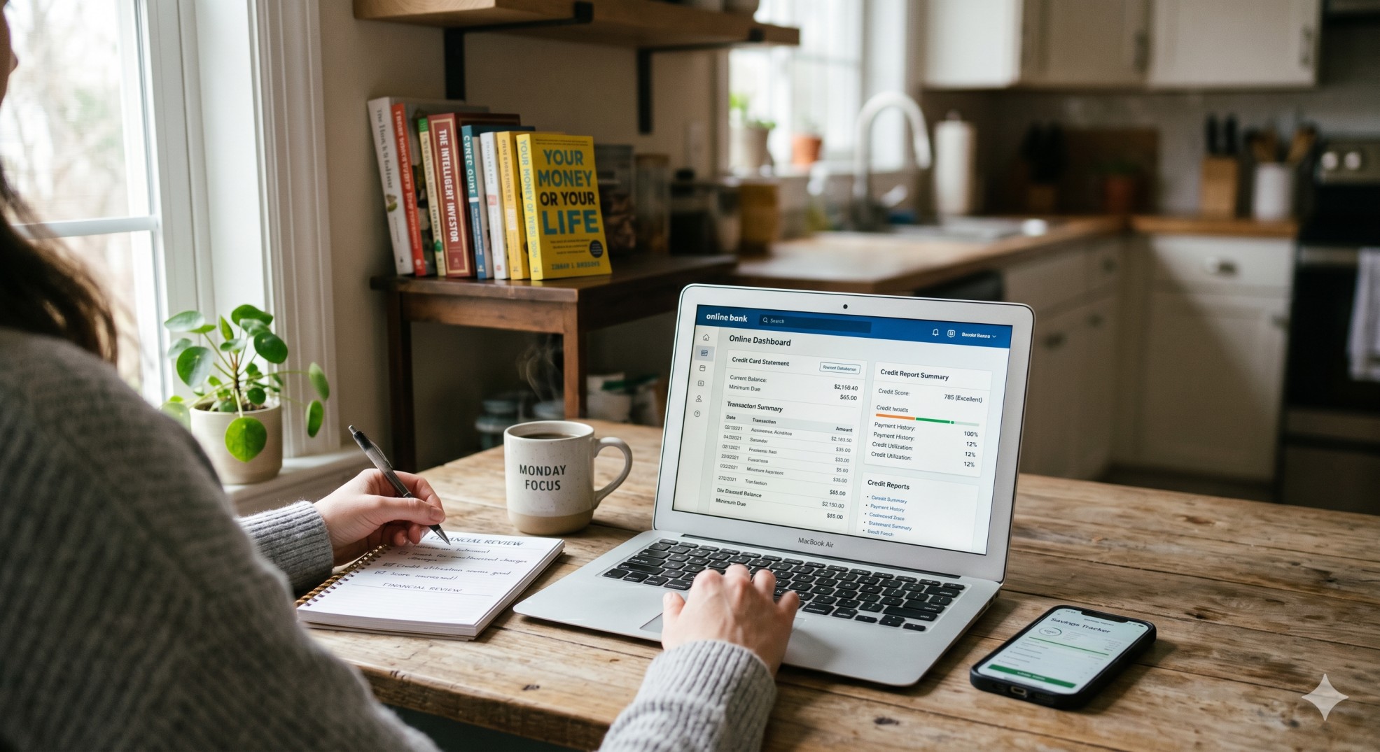   Person reviewing credit card statement and credit report while considering a credit limit increase. 