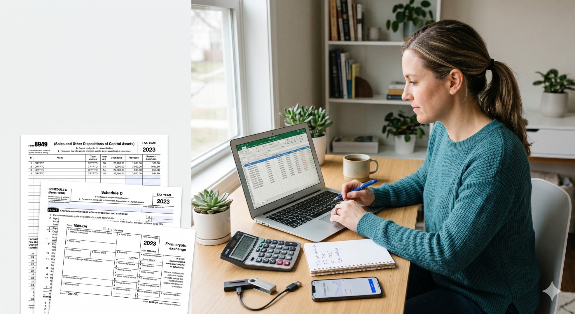   Taxpayer reconciling crypto tax reporting documents with a calculator, laptop, and Form 8949-style papers at a home office desk. 