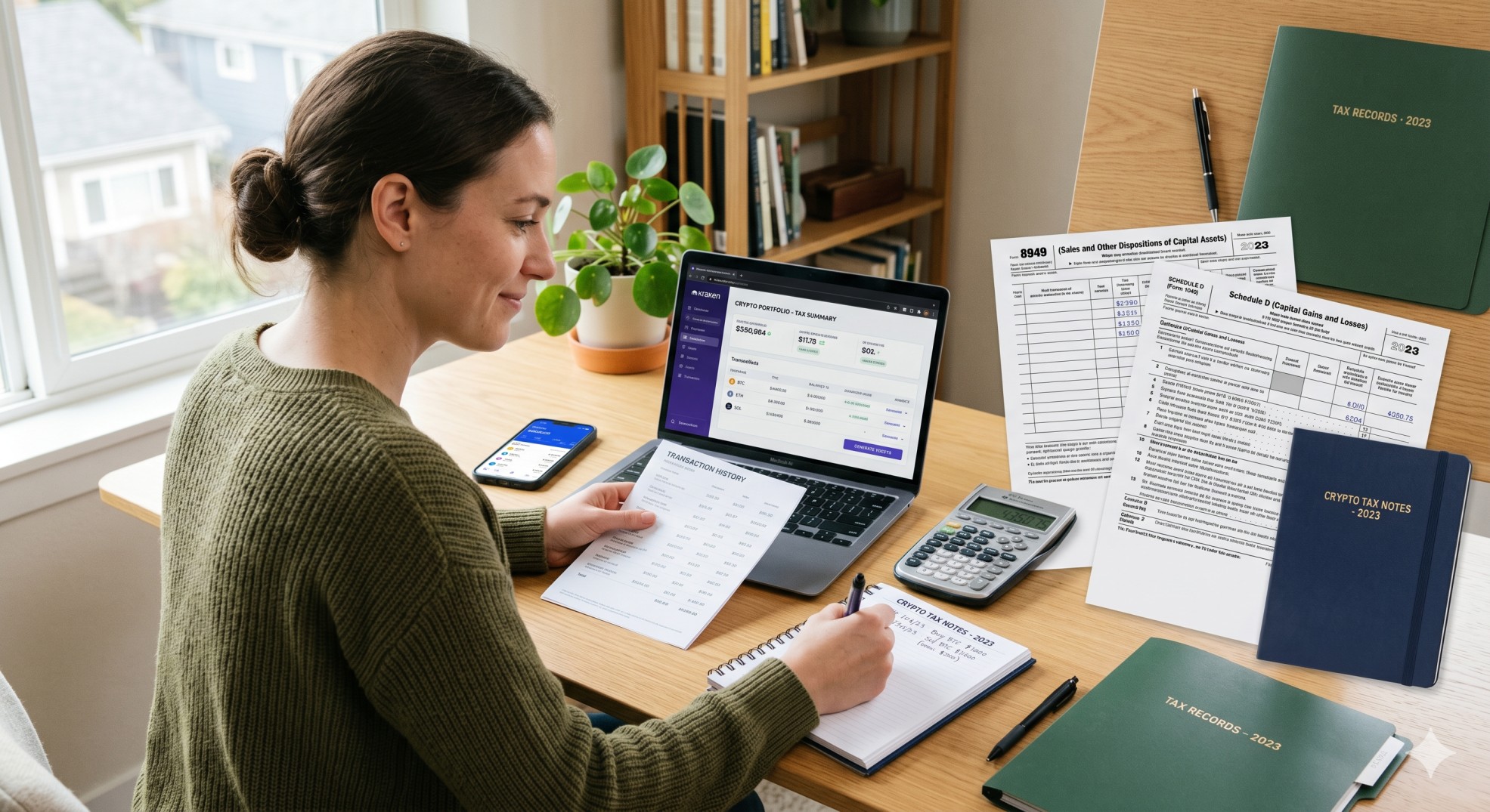   Investor reviewing crypto taxes 2026 paperwork, Form 8949, Schedule D, and a laptop at a home office desk. 