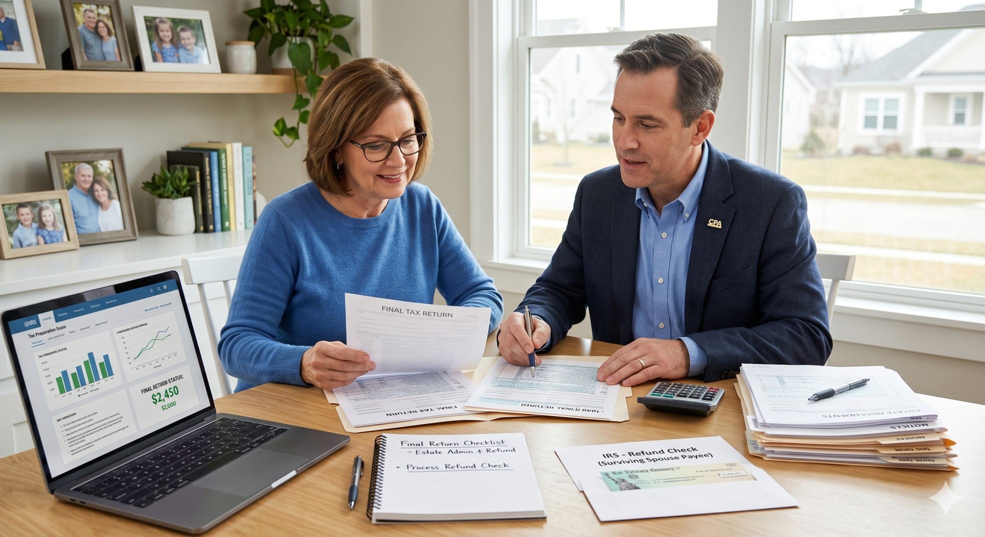   Surviving spouse and executor reviewing a deceased taxpayer final return with tax forms, a calculator, and a laptop on a table. 