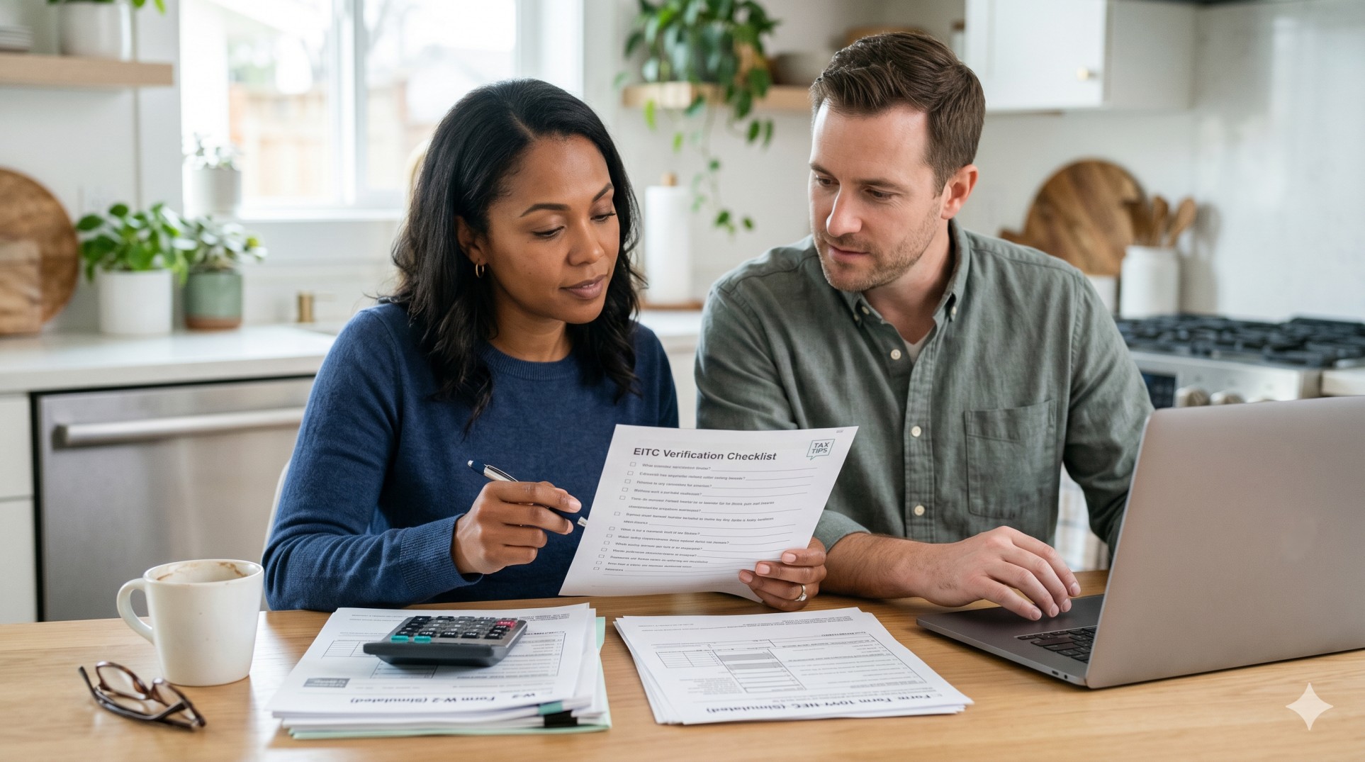   U.S. family reviewing EITC 2026 tax forms, a calculator, and a laptop at the kitchen table. 