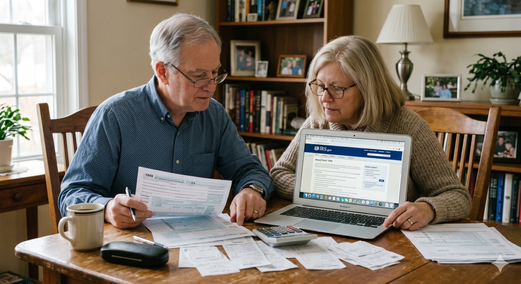   U.S. senior couple reviewing the enhanced deduction for seniors on IRS forms. 