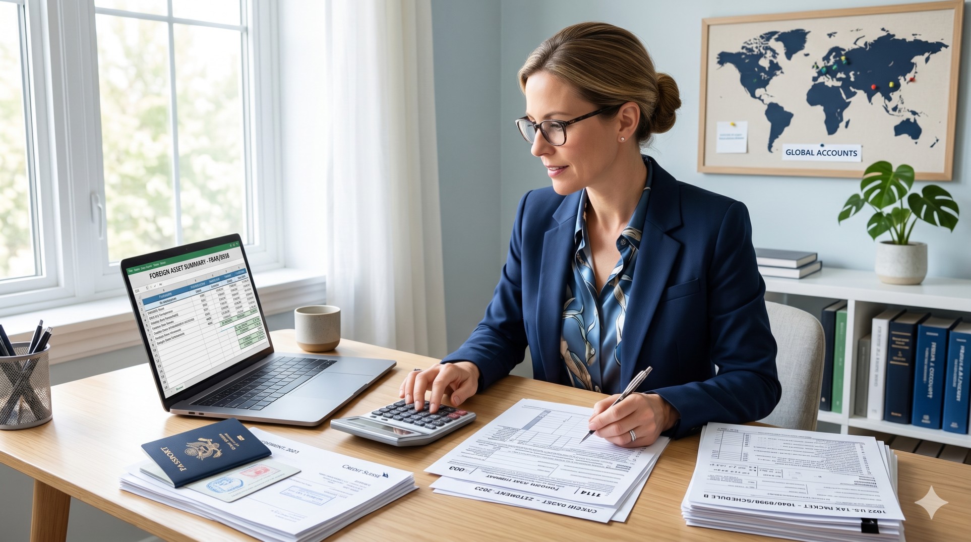   Taxpayer reviewing foreign account statements, a calculator, and FBAR and Form 8938 paperwork at a home office desk. 