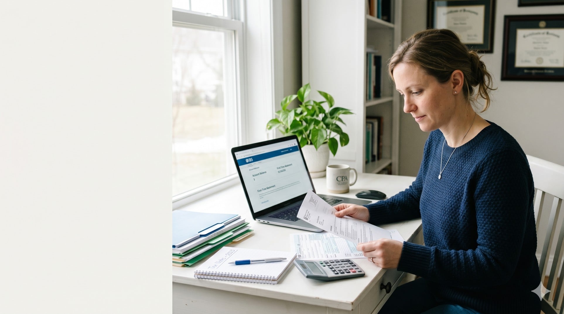   U.S. taxpayer reviewing an IRS penalty notice, Form 1040, calculator, and laptop at a home office desk. 