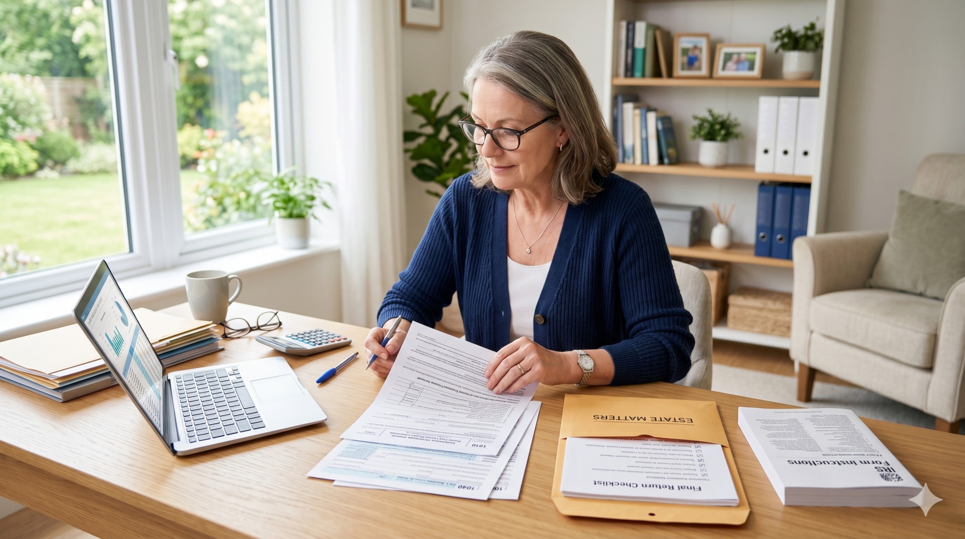   Surviving spouse or executor reviewing Form 1310 with tax documents, a calculator, and a laptop on a home office desk. 