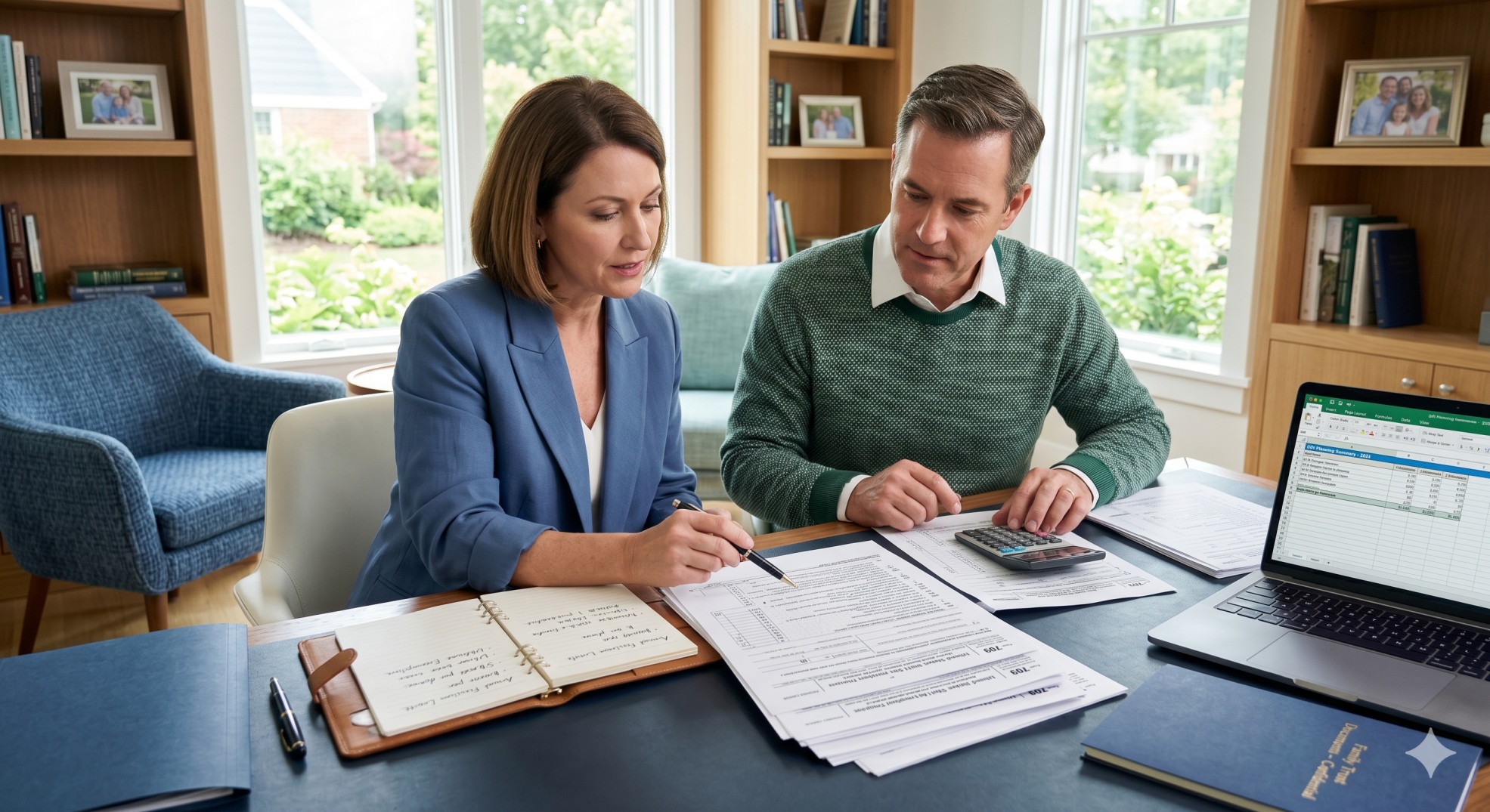   Family reviewing Form 709 gift tax return paperwork with a calculator and laptop on a home office desk. 