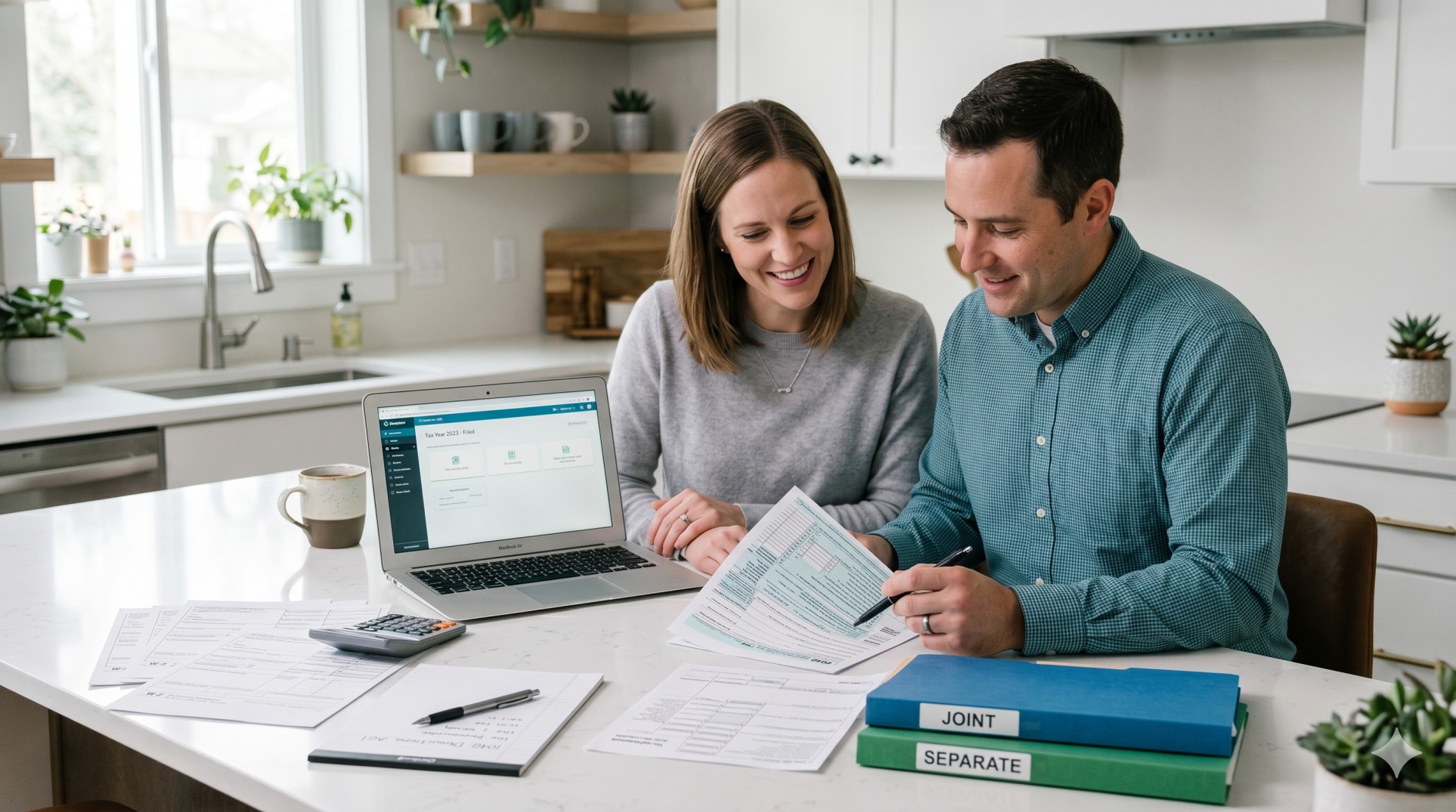   Married couple reviewing married filing jointly vs separately 2026 tax forms with a calculator and laptop at the kitchen table. 