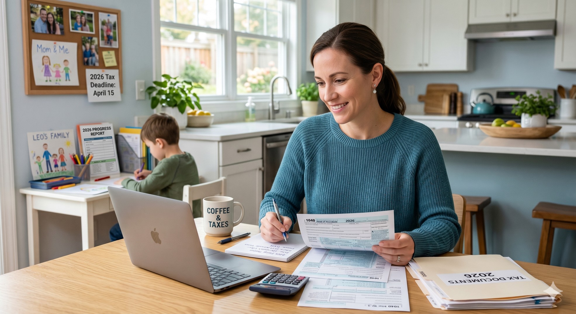   Single parent reviewing head of household 2026 tax forms with a calculator and laptop at the kitchen table. 