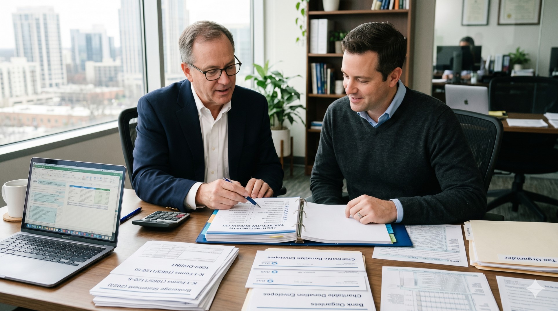   High-net-worth tax return checklist documents, calculator, and tax organizer on a desk with a CPA. 