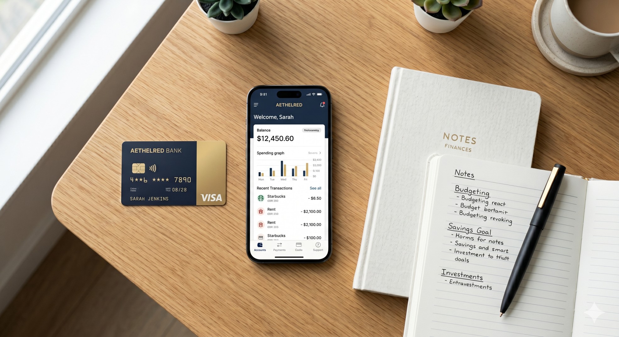   A credit card and smartphone on a desk, representing financial management and credit APR. 