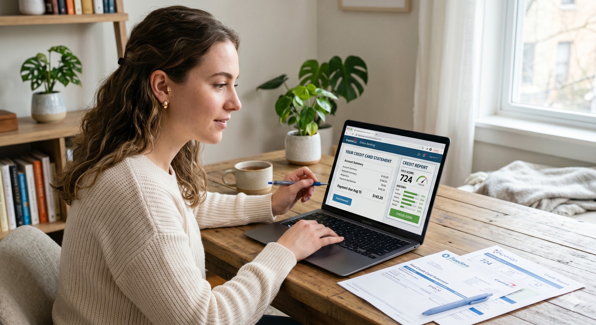   Young adult checking a first credit card statement and credit report on a laptop 