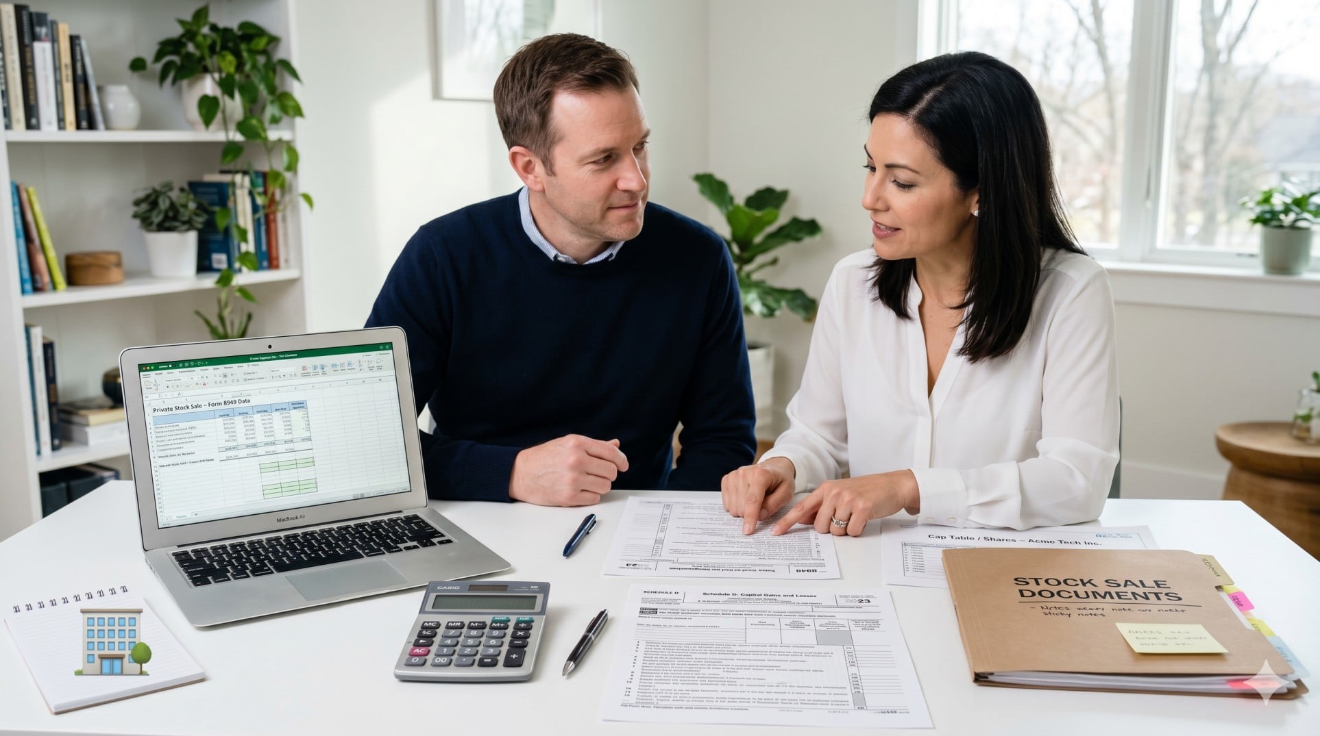   Taxpayer reviewing private company stock sale documents, calculator, and Form 8949-style paperwork at a desk. 