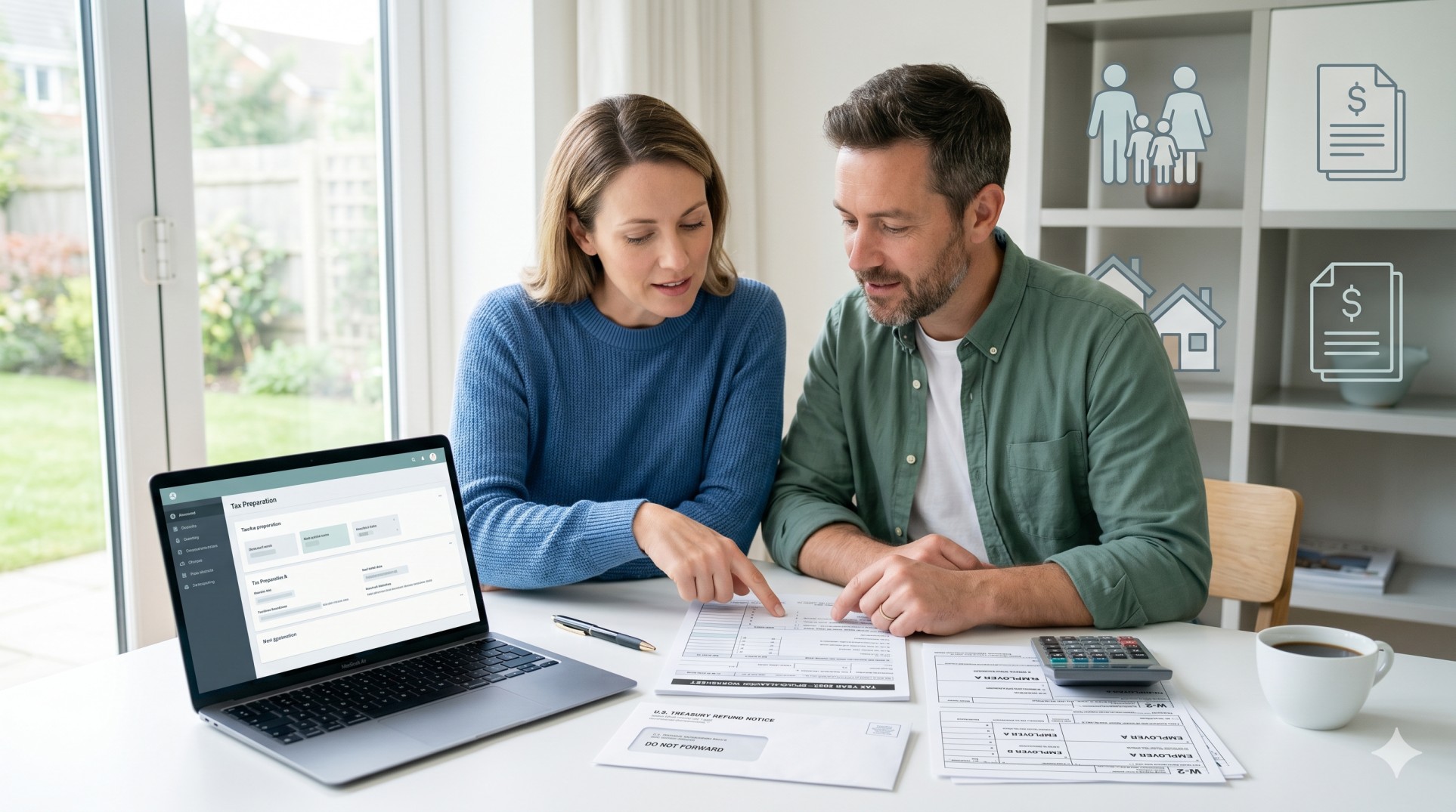   Married couple reviewing tax forms, a calculator, a laptop, and a refund notice while preparing an injured spouse relief claim. 