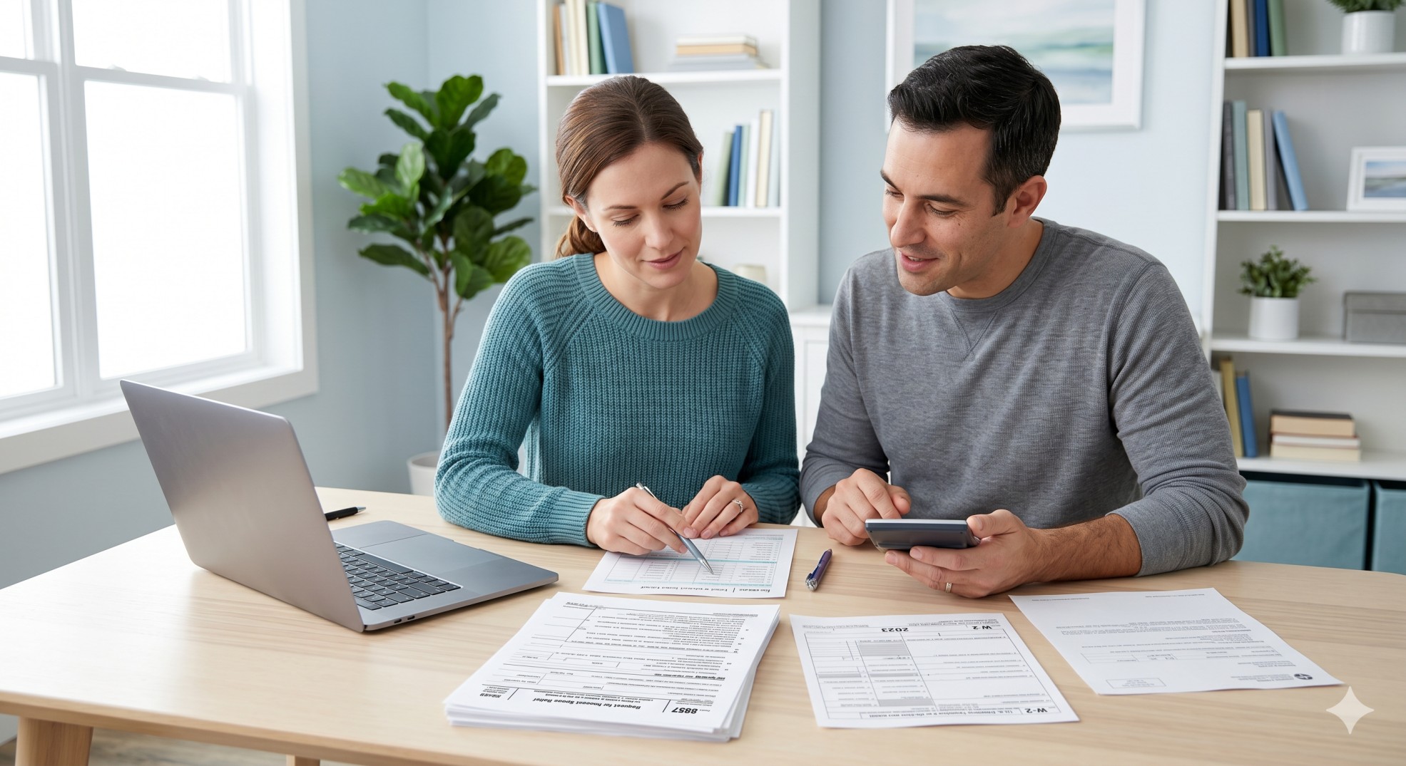   Married couple reviewing tax documents, a calculator, a laptop, and a Form 8857 worksheet for innocent spouse relief. 
