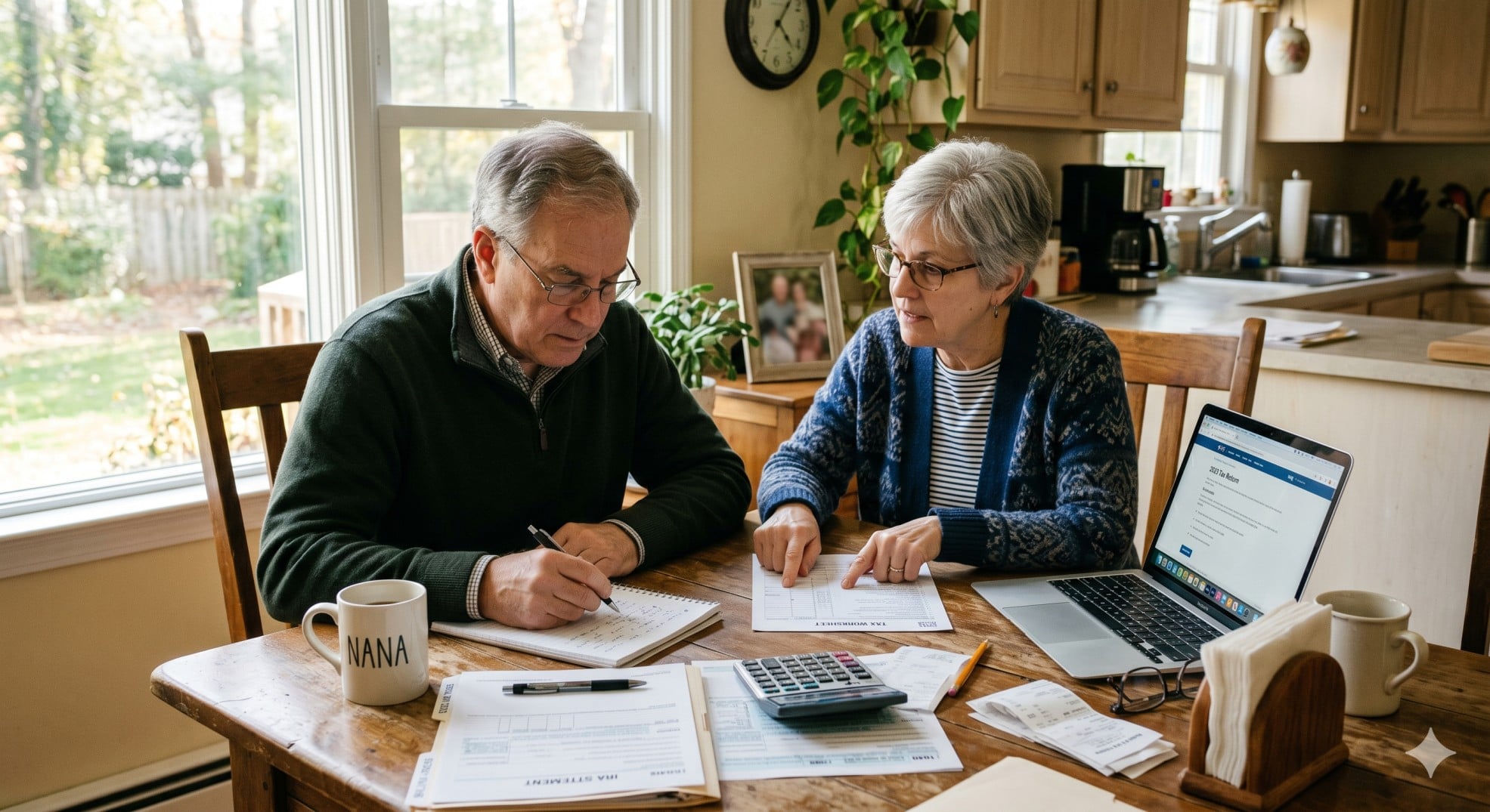   Senior couple reviewing IRA contributions after age 65 with tax forms and a calculator.

 