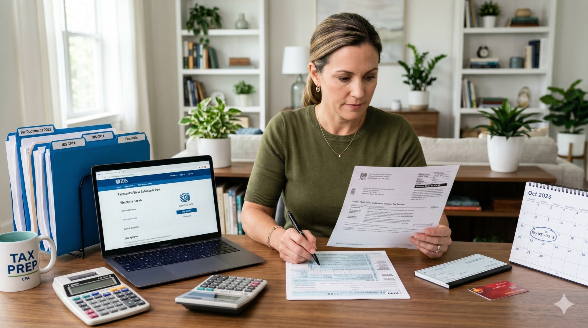   U.S. taxpayer reviewing an IRS CP14 notice, Form 1040, calculator, and laptop at a home office desk. 