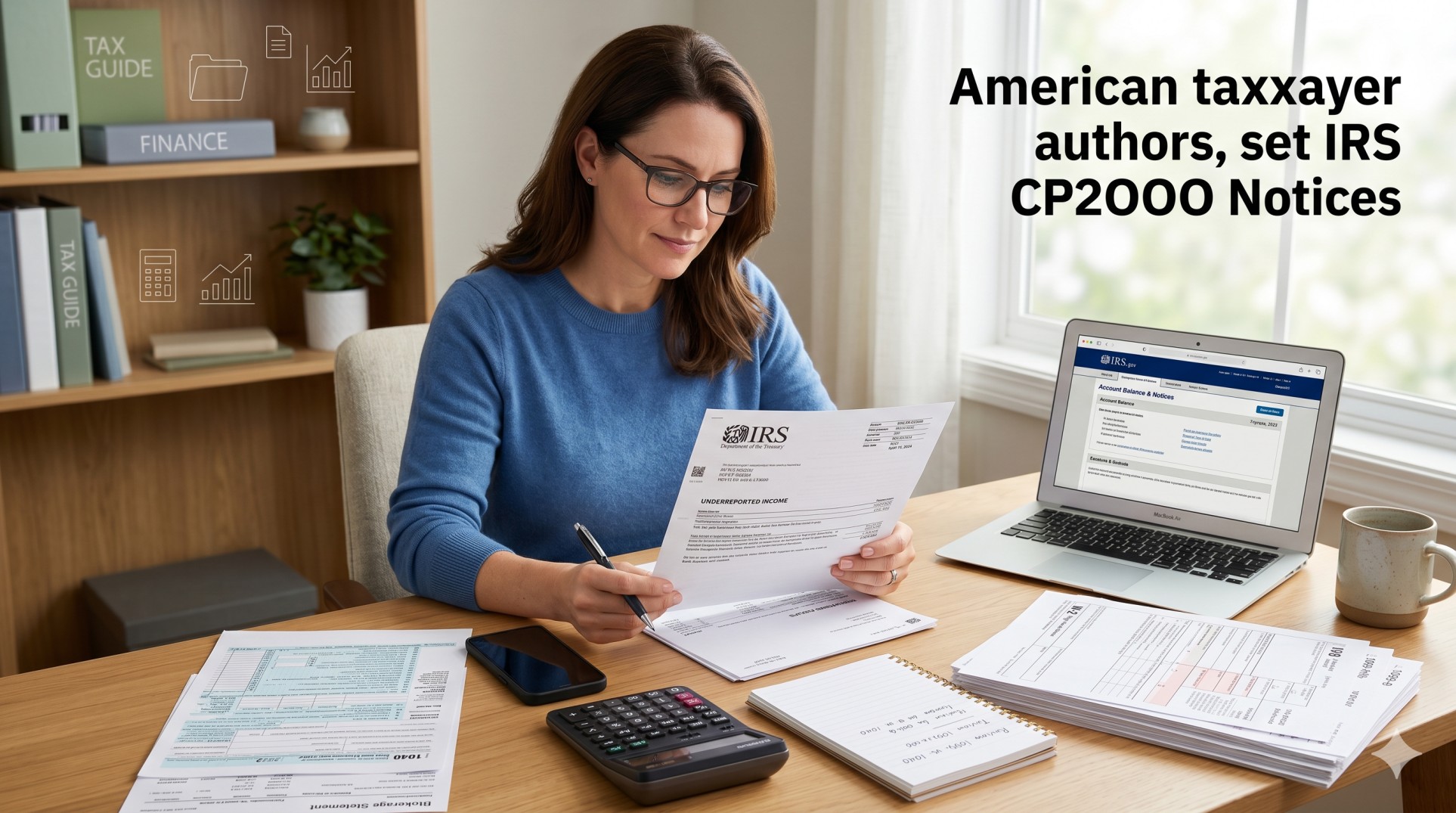   U.S. taxpayer reviewing an IRS CP2000 notice, Form 1040, and income documents at a home office desk. 
