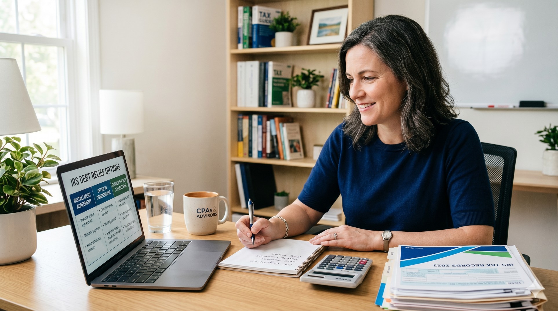  U.S. taxpayer reviewing IRS debt relief options with tax forms, a calculator, and a laptop at a home office desk. 