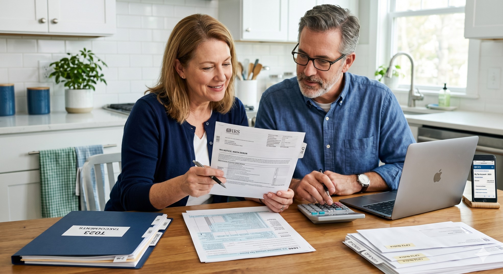   U.S. taxpayer reviewing an IRS math error notice with a calculator, laptop, and tax documents on a table. 