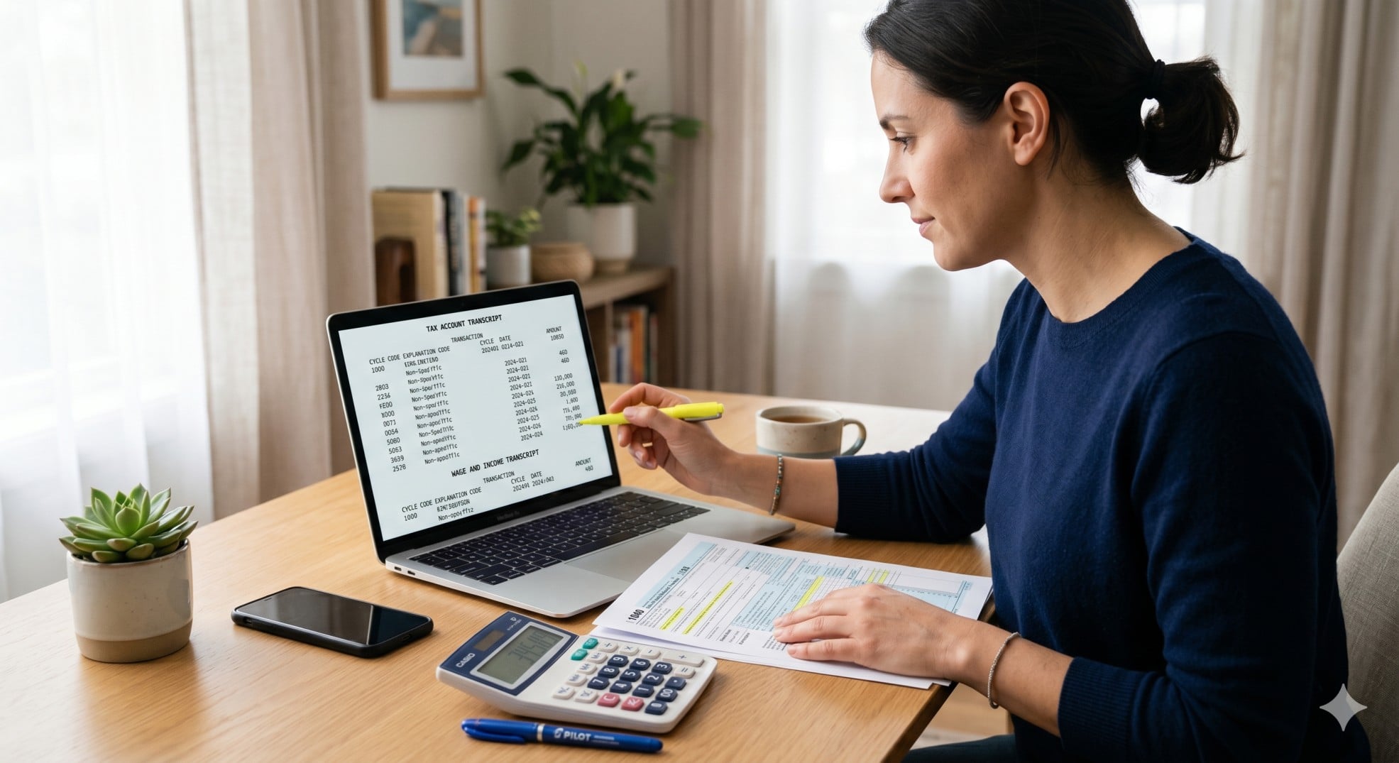   Taxpayer reviewing an IRS transcript on a laptop with tax forms, a calculator, and notes on the desk. 