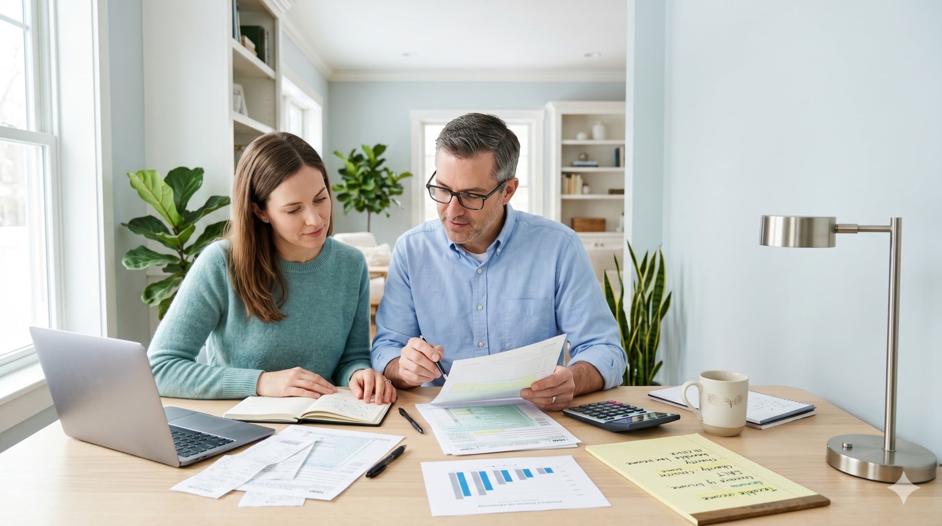   A U.S. couple reviews 2026 Schedule A tax paperwork, a calculator, and a laptop at a home-office desk. 