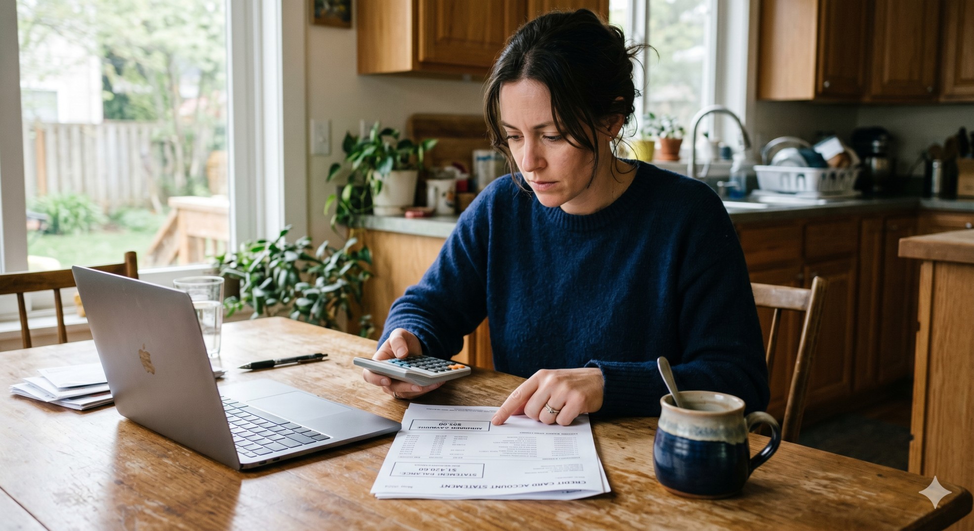  Person comparing minimum payment and full credit card balance on a monthly statement at a kitchen table 