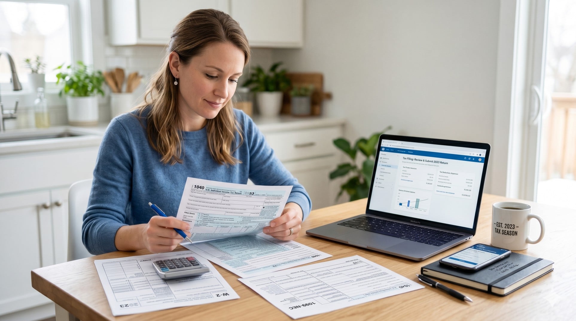   U.S. taxpayer reviewing Form 1040, W-2s, 1099s, and a calculator after missing the 2025 tax filing deadline. 