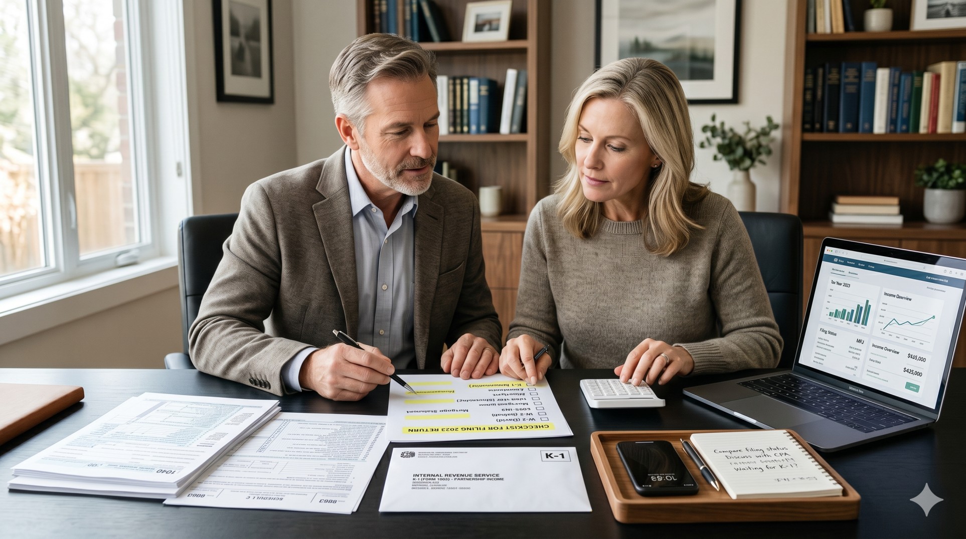  U.S. taxpayer reviewing missing tax forms beside a laptop, calculator, and tax documents before filing a return. 
