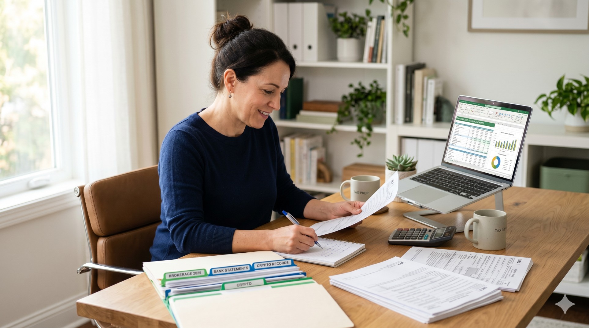   U.S. taxpayer organizing brokerage, bank, and crypto tax records at a desk with a laptop, calculator, and labeled folders. 