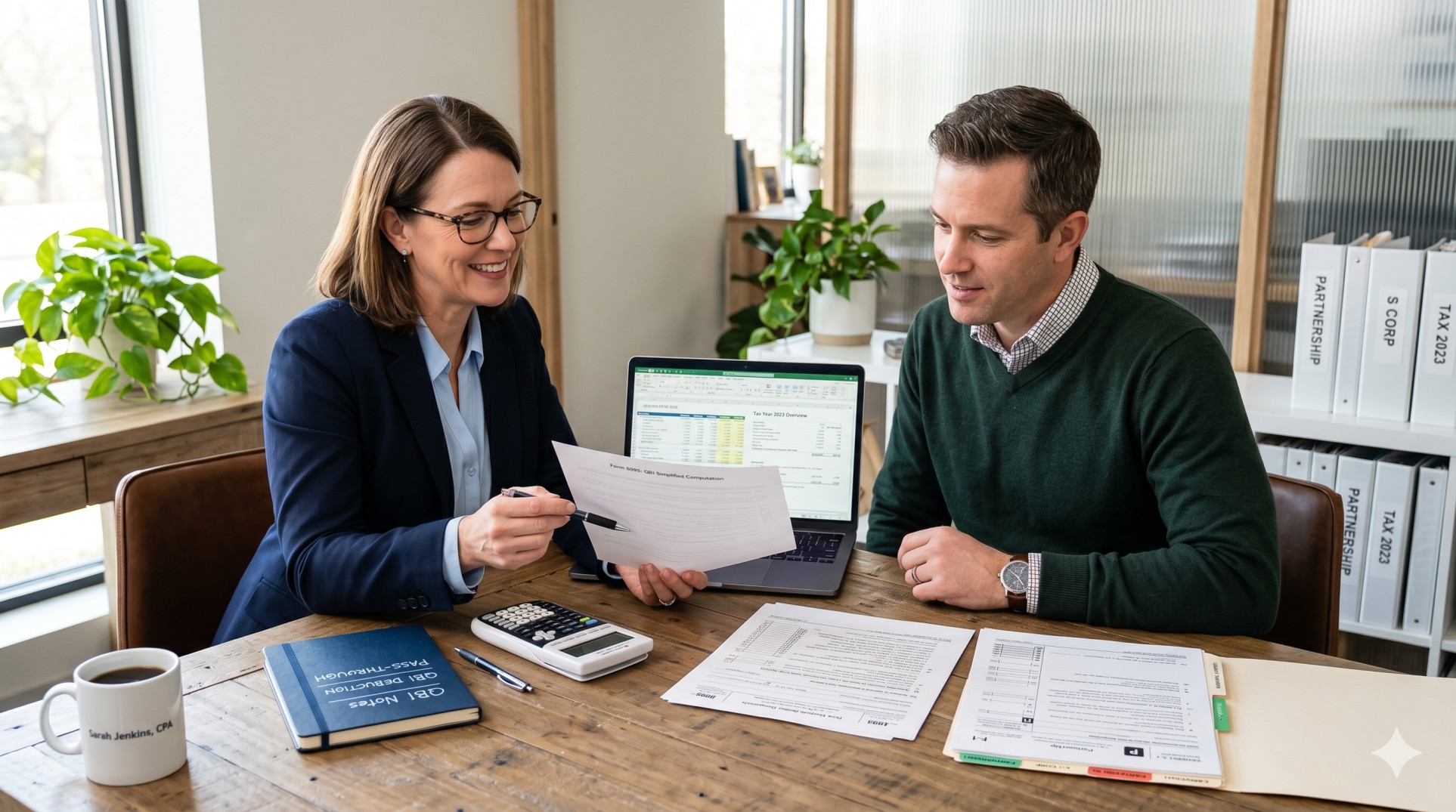   CPA and business owner reviewing QBI deduction paperwork, Form 8995-A, and a calculator at a desk. 