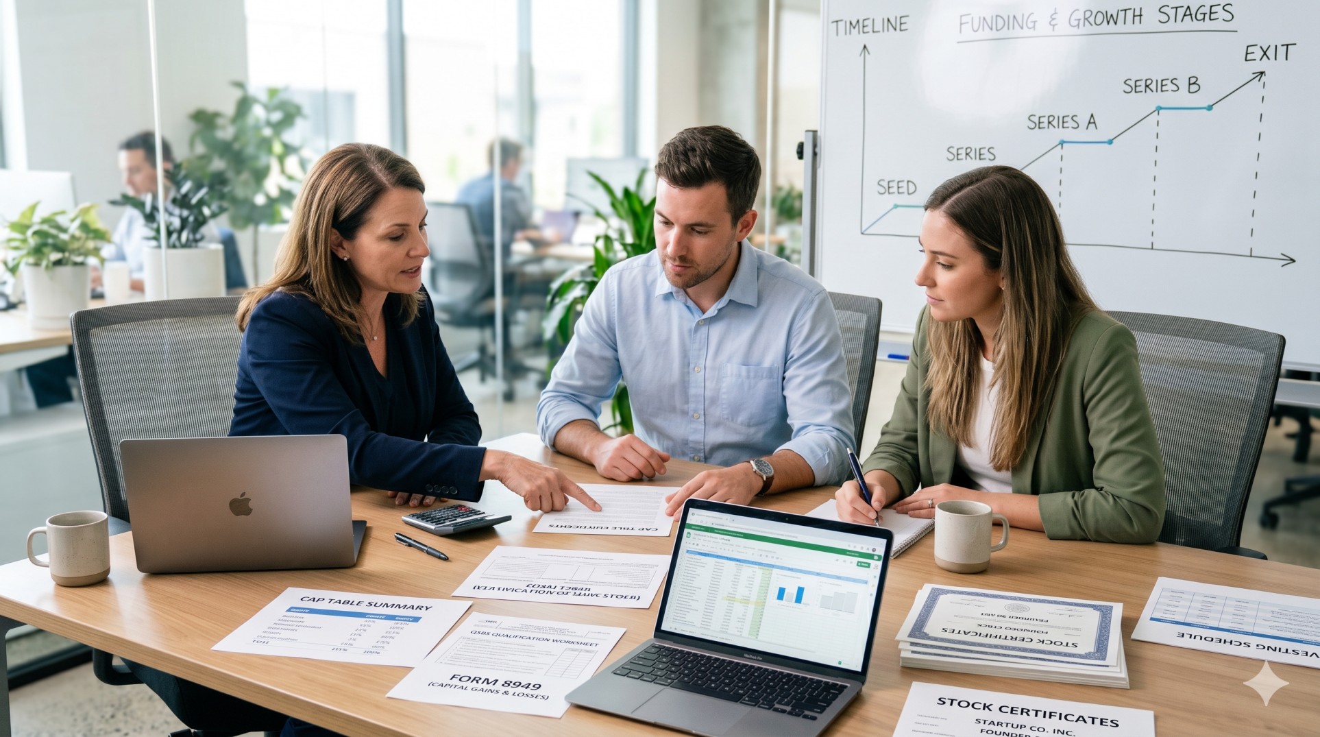   Founder reviewing QSBS, Form 15620, and startup equity tax documents with a tax advisor. 