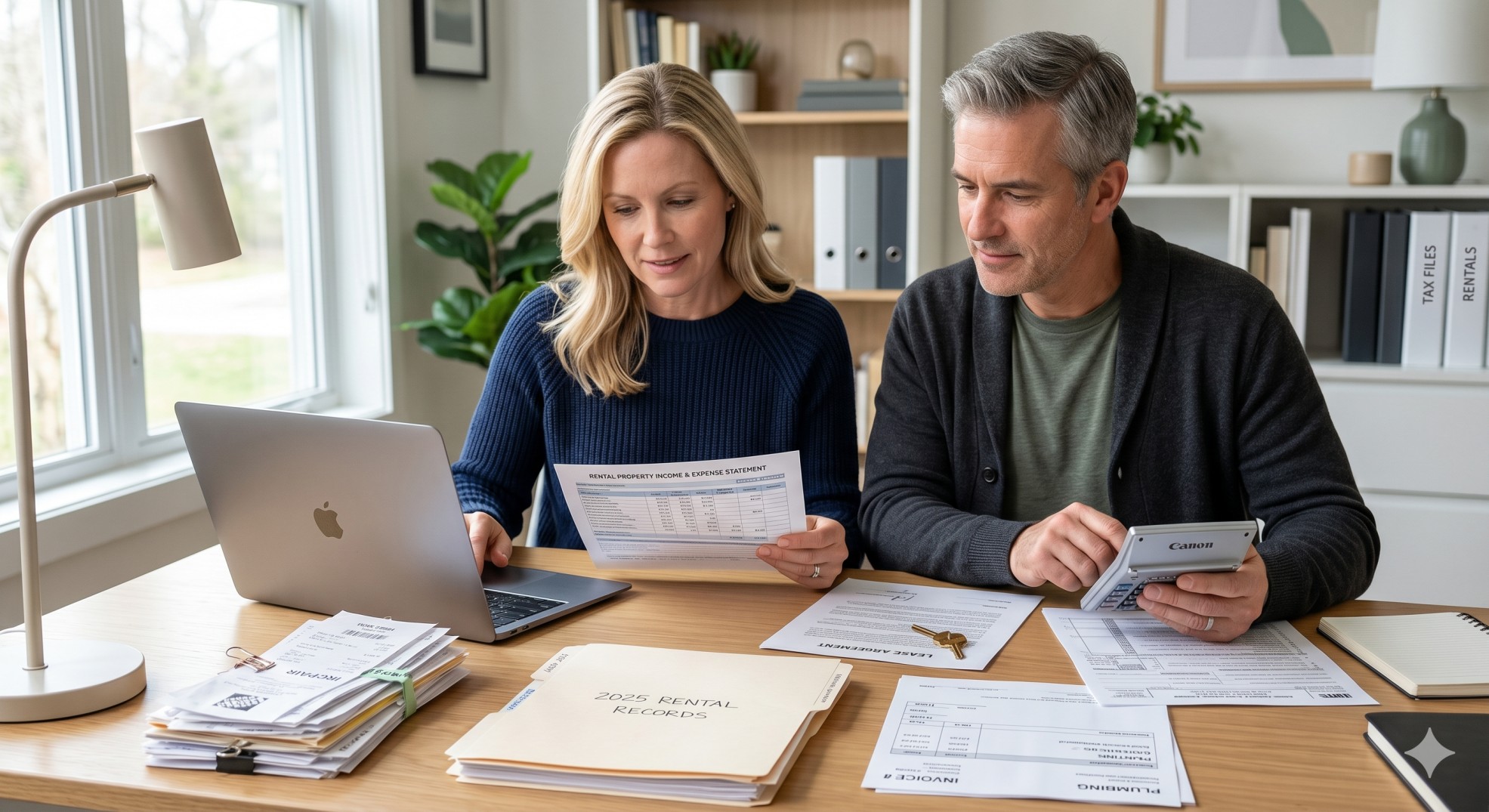   Landlord reviewing rental property records, calculator, and tax paperwork for a rental property depreciation and passive losses article. 