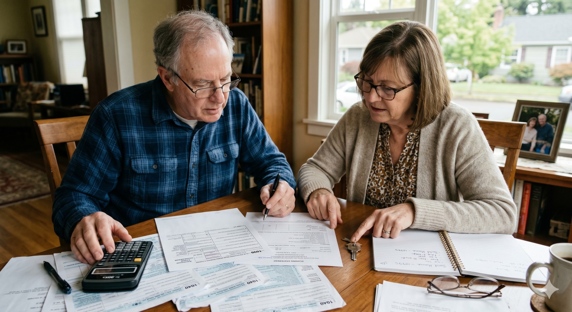   Senior couple reviewing home sale tax rules for 2026.