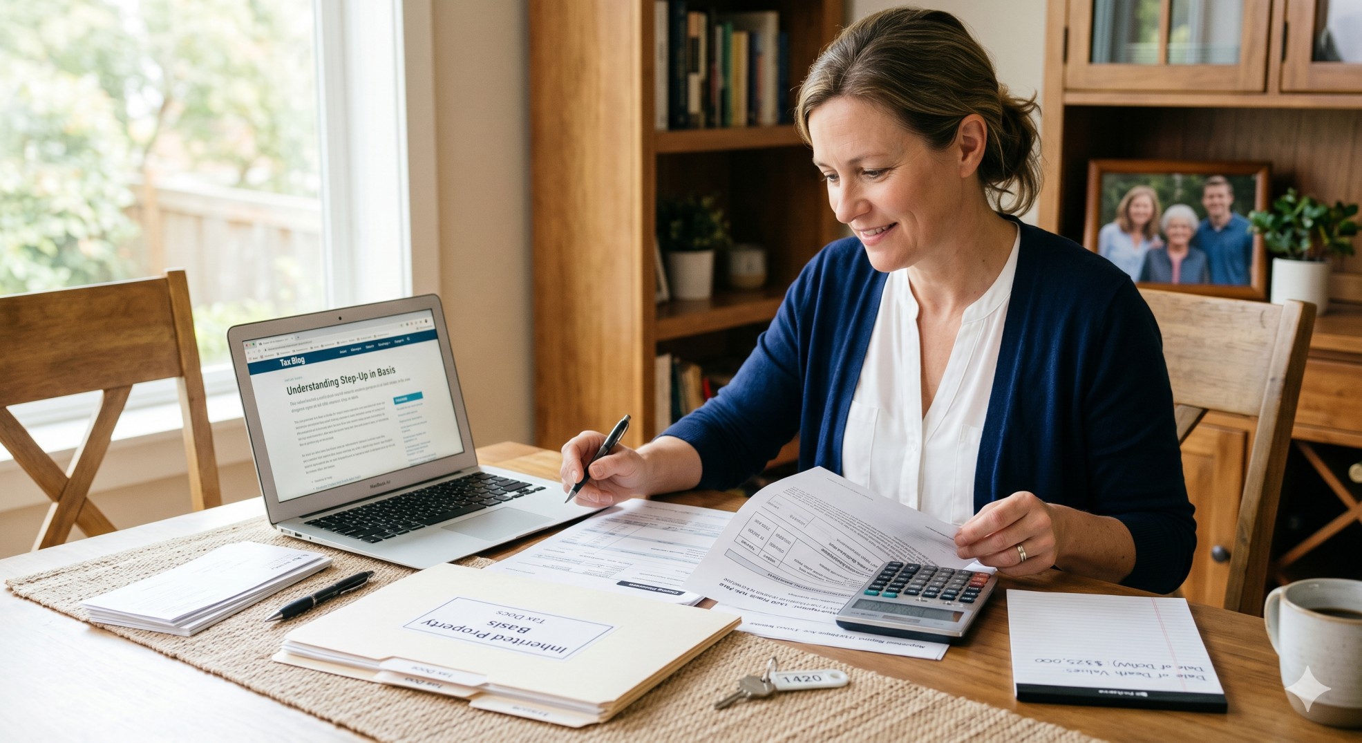   Heir reviewing step-up in basis paperwork before selling inherited property.

 