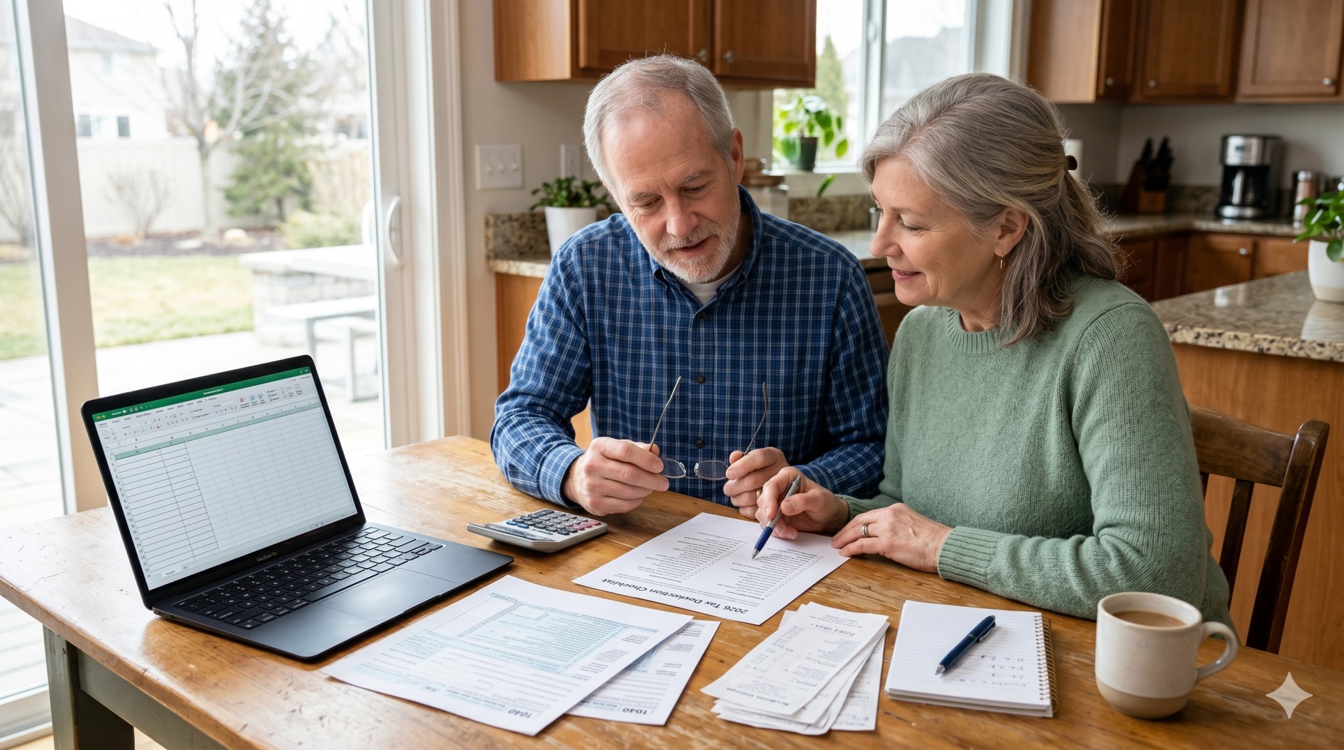   Retired U.S. couple reviewing a tax deduction checklist for seniors 2026 with tax forms, a calculator, and a laptop at a kitchen table. 