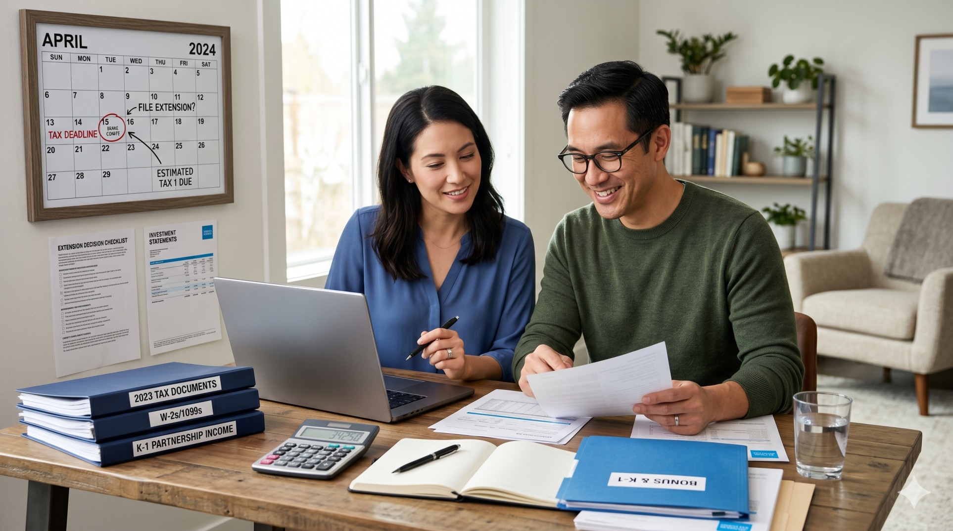   U.S. taxpayer reviewing extension filing documents, calculator, and tax papers at a home office desk. 