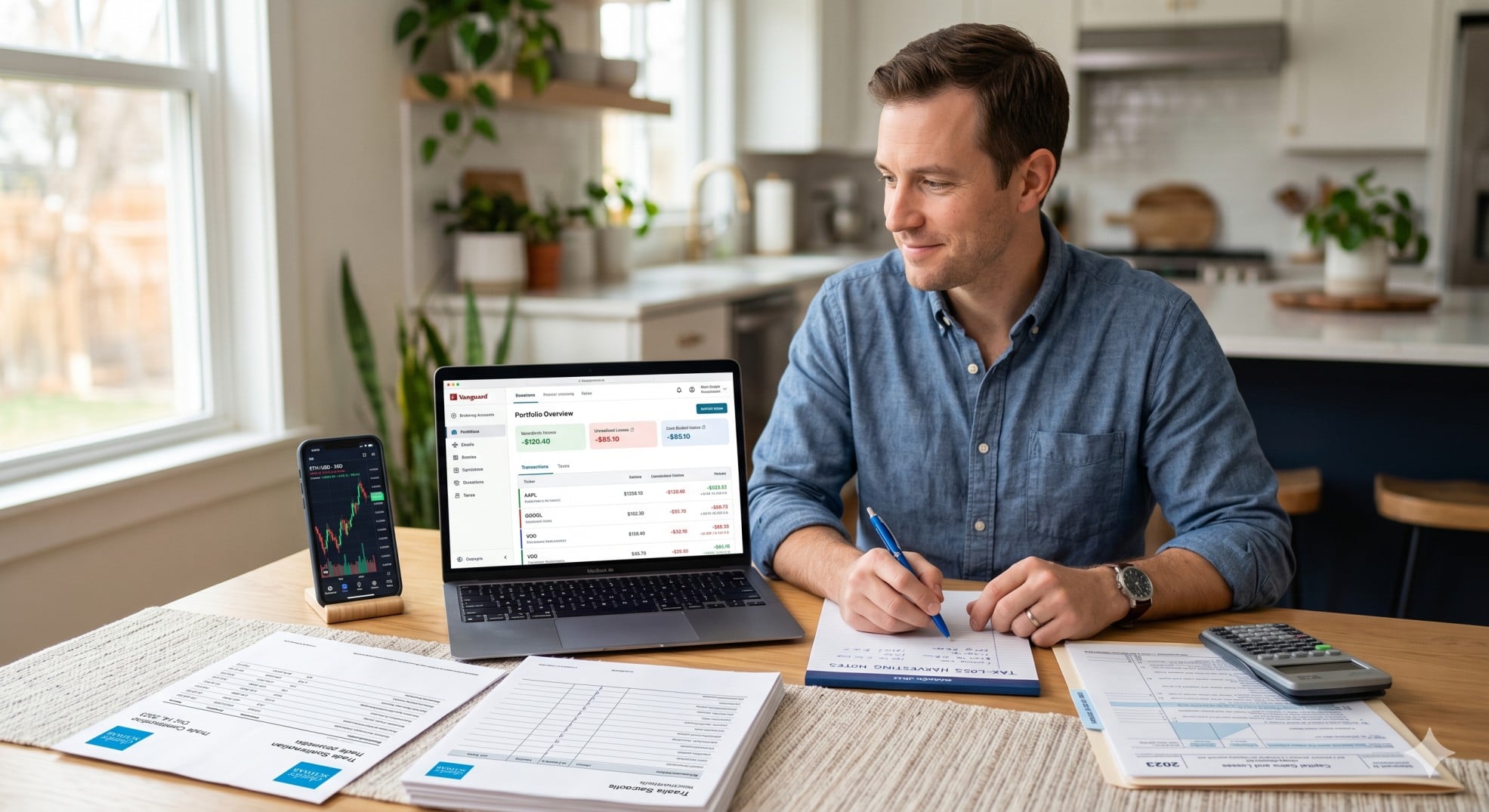  Investor reviewing tax loss harvesting 2026 paperwork, calculator, laptop, stock statements, and a crypto chart at a desk. 